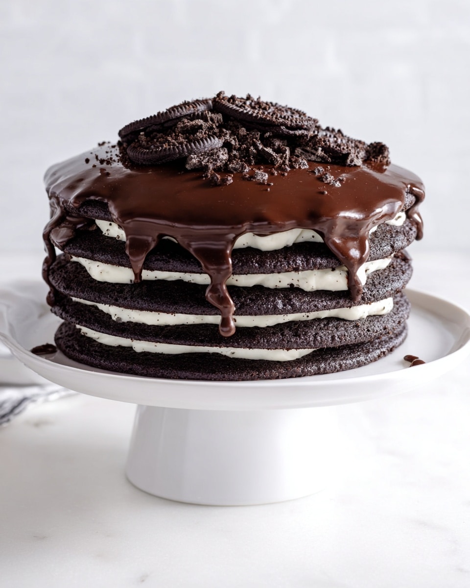 A stack of eight dark chocolate cookie layers alternated with thin white cream filling between each, making a thick layered cake. On top, a thick, shiny dark chocolate glaze drips slightly over the edge of the top cookie layer. Crumbled dark chocolate cookies are scattered on top of the glaze, adding texture and contrast. The cake sits on a simple white cake stand, set against a white marbled texture background. photo taken with an iphone --ar 4:5 --v 7
