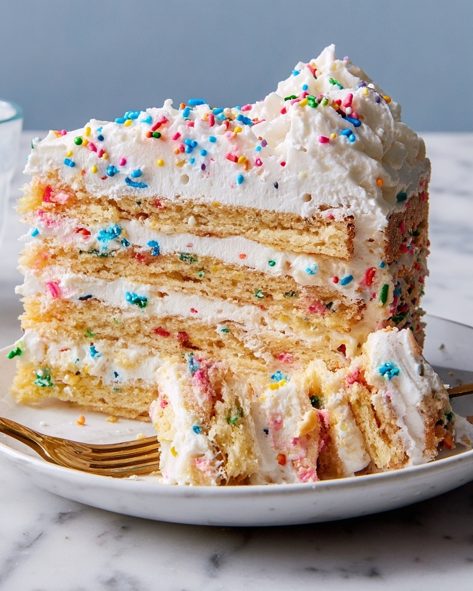 A thick slice of layered cake is shown with multiple layers of golden brown cake and white cream mixed with colorful small sprinkles between each layer. The top layer of whipped cream is white and fluffy, decorated with more colorful sprinkles in red, blue, green, pink, and yellow. A fork holds a piece of the cake on the right side, revealing the soft texture of the cream and cake layers. The cake sits on a white plate over a white marbled surface. Photo taken with an iphone --ar 4:5 --v 7