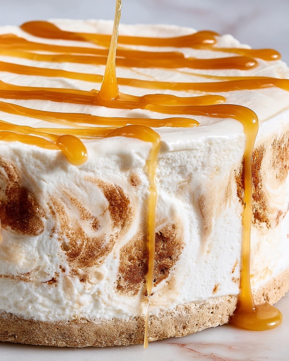 The image shows a close-up of a creamy dessert with three distinct layers. The bottom layer is thick and white with a soft, whipped texture. The middle layer has swirls of light brown, resembling cinnamon or spice mix, unevenly spread through the white cream. The top layer is smooth and pure white, topped with a golden caramel sauce being drizzled in ribbons that drip slightly over the edges. The dessert sits on a white marbled surface. photo taken with an iphone --ar 4:5 --v 7