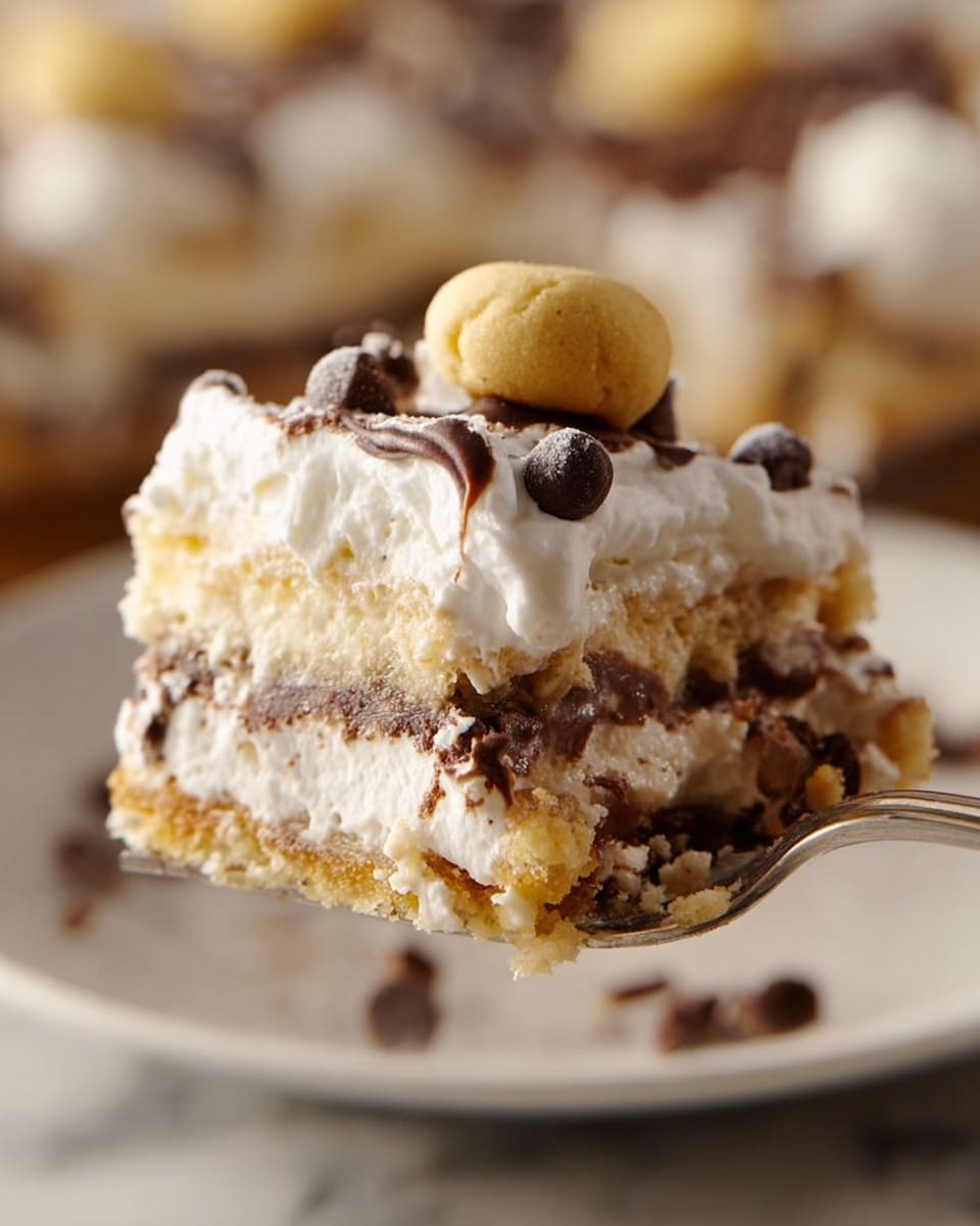 A close-up view of a layered dessert held on a fork with a blurred pile of the dessert in the background on a white plate, all set on a white marbled surface. The dessert has four visible layers: the bottom layer is a light golden crumbly crust, followed by a thick pale cream layer with some chocolate bits, a thin dark chocolate layer, and on top a fluffy white whipped cream layer dotted with small chocolate chips. A small, round yellowish cookie dough piece with two chocolate chips sits on the whipped cream. photo taken with an iphone --ar 4:5 --v 7