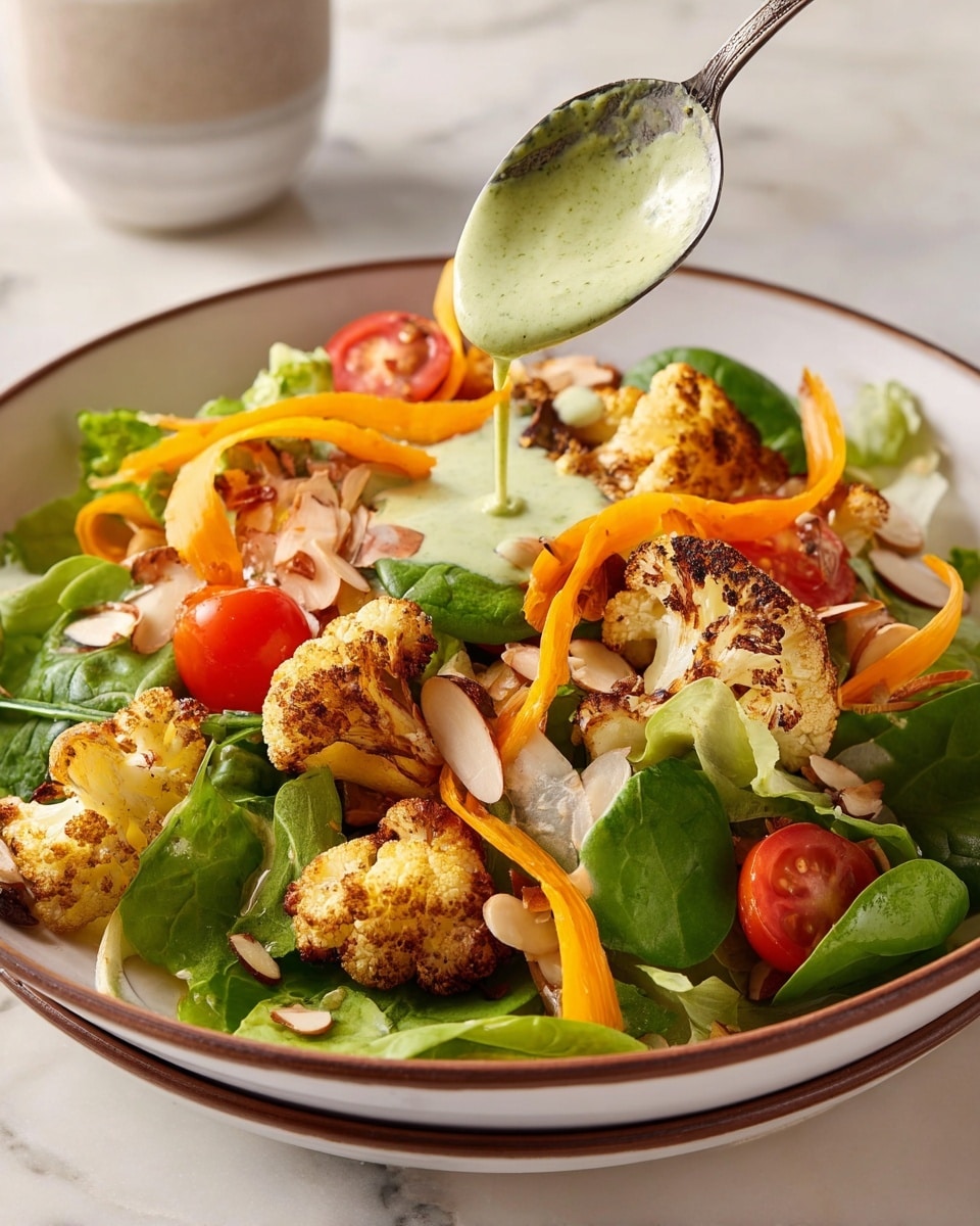 The dish is a fresh roasted cauliflower salad served on a white plate with a brown rim, set on a white marbled surface. The base layer consists of green lettuce leaves mixed with spinach, creating a bright and leafy texture. Scattered on top are golden-brown roasted cauliflower florets with slightly charred edges, adding a crispy texture. Thin, curly orange carrot ribbons are spread across the salad, alongside halved cherry tomatoes showing a juicy red interior. Lightly cooked onion slices and almond slivers add variety, with a spoon holding a thick, smooth pale green dressing poised over the salad ready to be drizzled. Photo taken with an iphone --ar 4:5 --v 7