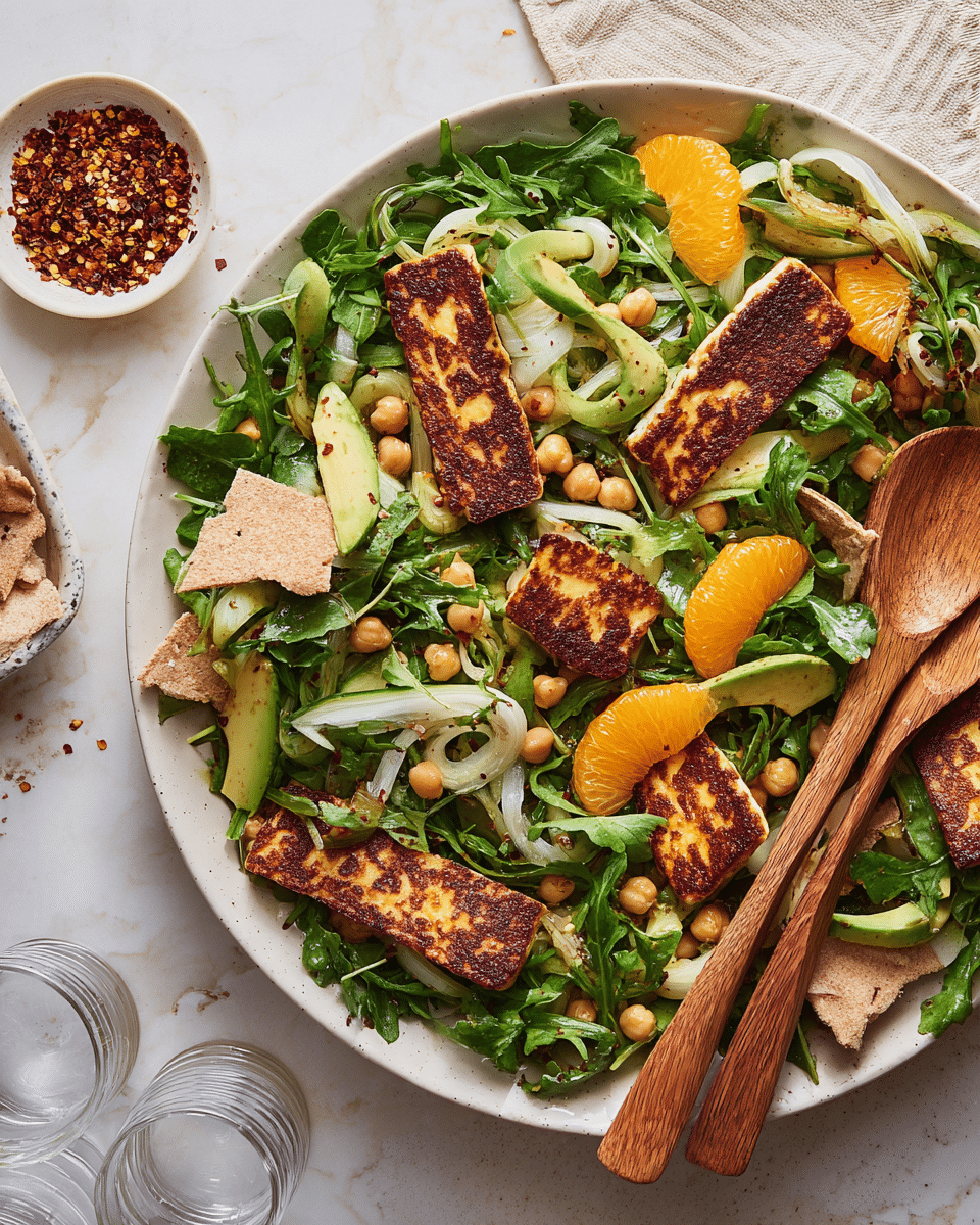 A white plate holds a fresh salad with multiple layers, starting with a base of dark green arugula leaves and light green fennel slices. On top, there are bright orange wedges placed evenly around, creamy green avocado slices, and small beige chickpeas scattered throughout. The salad also features golden-brown, charred halloumi cheese rectangles arranged on the top layer, with pieces of torn whole wheat pita bread dotted throughout. Two wooden salad spoons rest on the right side of the plate over the salad. The plate is set on a white marbled texture surface with a small white bowl of red pepper flakes nearby, and two clear drinking glasses partially visible at the bottom left. photo taken with an iphone --ar 4:5 --v 7