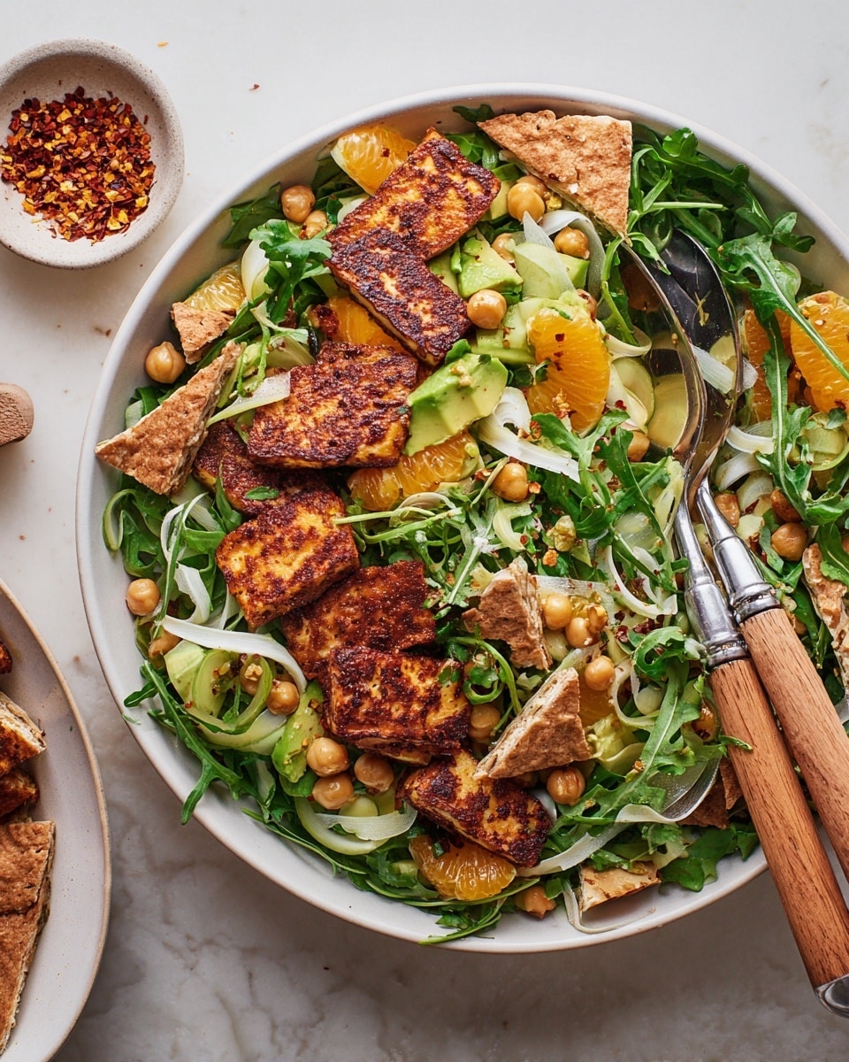 A white bowl filled with a colorful salad layered with fresh green arugula leaves as the base, topped with bright orange segments and pale green avocado slices. There are several browned, grilled halloumi cheese pieces with a crispy texture scattered on top, along with thin white fennel shreds and some chickpeas adding small round shapes throughout. Bits of broken pita bread pieces with a light brown crust are mixed in, and small green jalapeño slices add contrast. Two wooden salad spoons with metal handles rest inside the bowl on the right side. The bowl is placed on a white marbled surface, with a small white bowl of crushed red pepper flakes nearby. Photo taken with an iphone --ar 4:5 --v 7