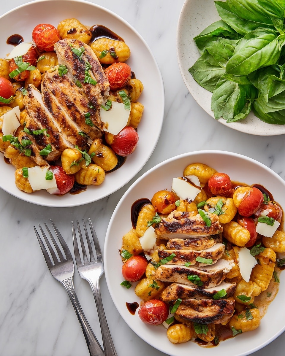 Two white plates each hold a meal with a base layer of small gnocchi in a light orange sauce with visible green herbs, mixed with whole cherry tomatoes that add bright red pops of color. On top of the gnocchi, there are several slices of grilled chicken breast, showing a golden brown sear and grill marks. Pieces of melted white cheese are placed among the chicken and gnocchi, and the whole dish is drizzled with a dark balsamic glaze. Small green basil leaves are scattered across the plates for garnish. The plates sit on a white marbled surface, accompanied by two silver forks at the bottom left and a small white plate filled with fresh green basil leaves at the top right. Photo taken with an iphone --ar 4:5 --v 7