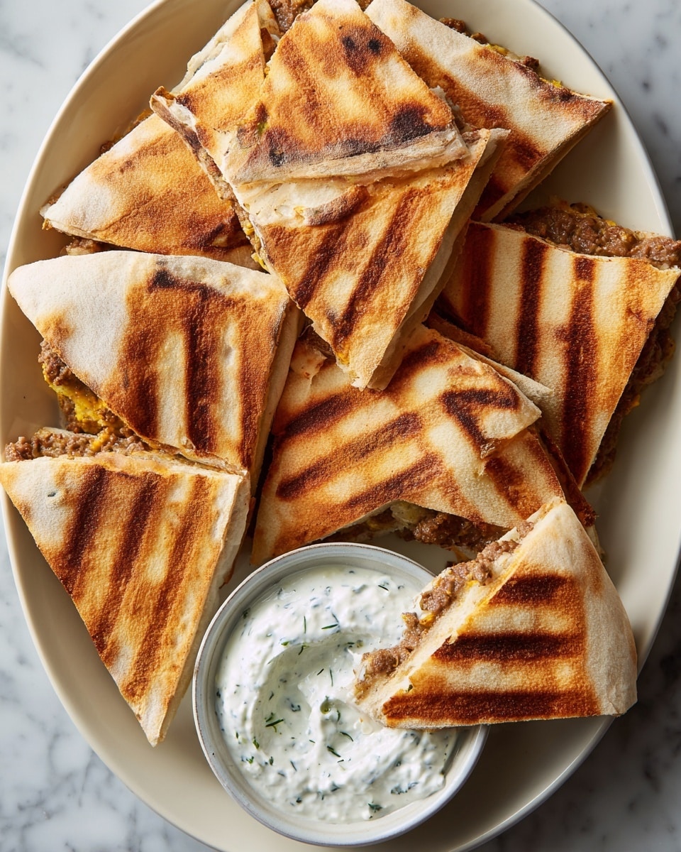 A white oval plate holds many triangular pieces of grilled flatbread sandwiches stacked and overlapping, each piece showing a golden-brown crust with distinct dark grill marks on top. Inside, there is a visible layer of a brown, slightly chunky filling that looks savory. In the middle of the plate, there is a small round white bowl filled with creamy white dip that has a textured surface with green herb flecks. One sandwich piece is partly dipped into the sauce. The entire setup rests on a white marbled surface. Photo taken with an iphone --ar 4:5 --v 7