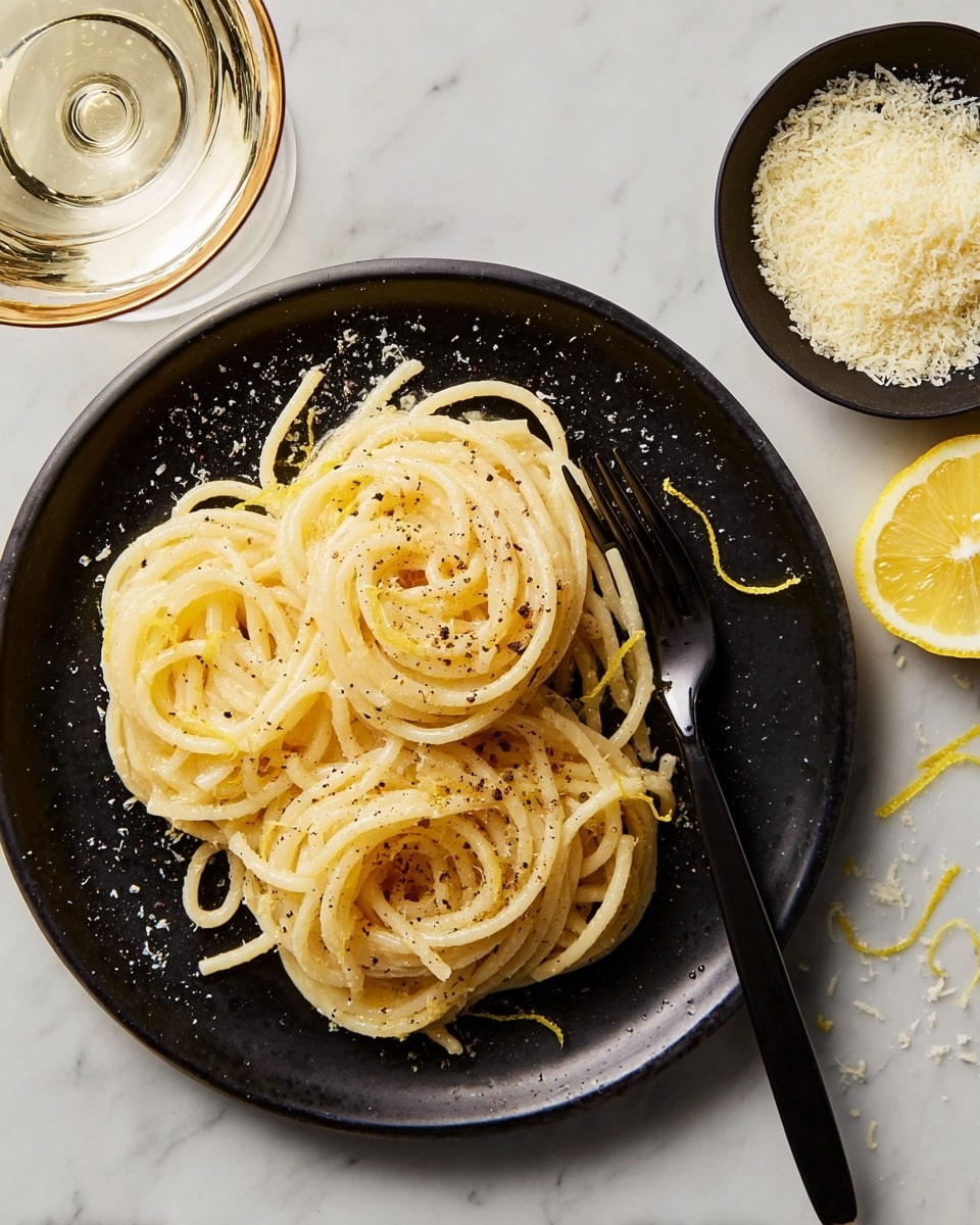 A black plate holds a small nest-like pile of thick, pale yellow spaghetti noodles with a slightly glossy texture, sprinkled with black pepper and thin lemon zest curls scattered on top. A wedge of lemon rests on the bottom right side of the pasta. A black fork with a glossy finish lies along the left edge of the plate. To the right of the plate, there is a small black bowl filled with grated pale yellow cheese, with some cheese scattered on a white marbled surface beneath it. The upper left corner shows the edge of a clear glass with a gold rim. Photo taken with an iphone --ar 4:5 --v 7