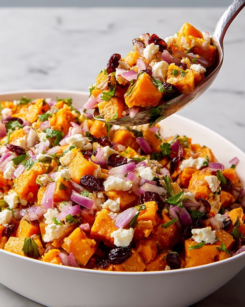 A white bowl filled with a layered salad consisting of bright orange cubed sweet potatoes as the main base, mixed with small pieces of white crumbled cheese scattered on top, thin slices of purple-red onion, dark red dried cranberries, and fresh green parsley leaves spread throughout. The texture appears soft and chunky with a mix of smooth cheese and slightly crispy vegetables. A metal spoon is lifting a portion showing a close-up of the colorful mix, against a white marbled background. photo taken with an iphone --ar 4:5 --v 7