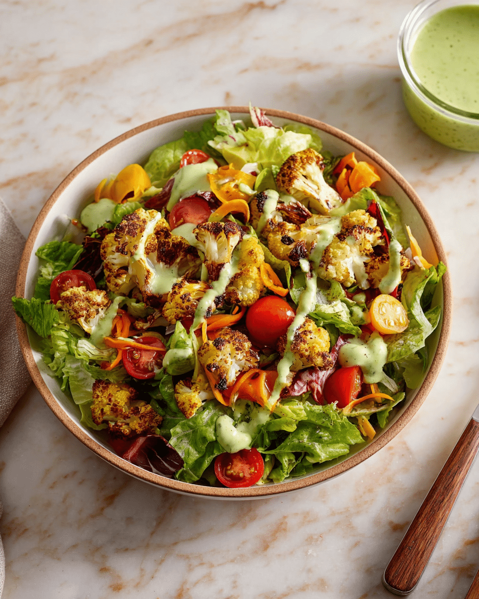 A bowl filled with mixed green leafy lettuce as the base layer, topped with roasted cauliflower florets that are golden brown with some charred edges. Scattered around are halved bright red cherry tomatoes and thin, curly orange carrot ribbons. The whole salad is drizzled with a pale green creamy dressing that runs in uneven lines across the top. The bowl is white with a natural-looking brown rim. It sits on a white marbled surface with a small glass bowl of green dressing nearby. photo taken with an iphone --ar 4:5 --v 7
