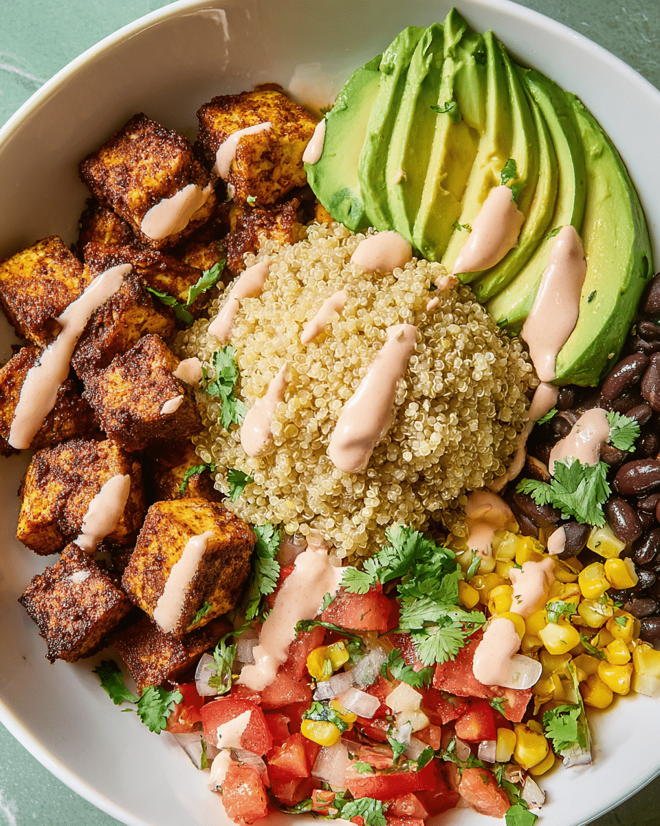 This dish in a white bowl has five main sections. On the left, there are several browned cubes of tofu with a crispy texture, drizzled with a light pink creamy sauce. Next to the tofu, a large mound of fluffy light yellow quinoa fills the upper middle area, also covered with a few stripes of the same pink sauce. To the right of the quinoa, there are three slices of creamy green avocado arranged in a fan shape. Below the avocado, there is a mix of black beans, yellow corn kernels, and green cilantro leaves, creating a colorful and fresh look. The bottom center shows a mix of diced red tomatoes, white onions, and green herbs, sprinkled with more cilantro leaves. The photo is taken with an iphone --ar 4:5 --v 7