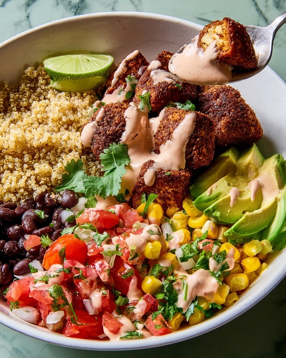 A white bowl filled with four main layers: the top left has golden quinoa with a lime wedge, in the middle and top right are dark brown crispy tofu bites with a light pink creamy sauce drizzled on them, on the bottom right is a mix of black beans and yellow corn, and the bottom left has a bright mix of chopped red tomatoes, white onions, green herbs, and cilantro leaves scattered on top. Thin slices of light green avocado are on the right side of the bowl. A spoon holds a tofu bite with sauce, corn, black beans, and tomato mix above the bowl, and the whole scene sits on a white marbled surface. photo taken with an iphone --ar 4:5 --v 7