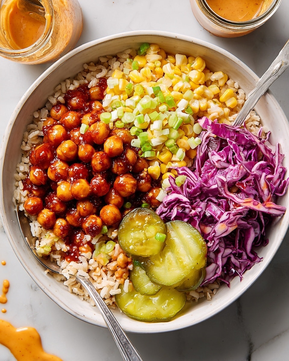A white bowl holds a colorful layered dish starting with a base of light brown rice covering the bottom half. On top, there is a large section of glossy reddish-brown chickpeas cooked in sauce on the left side, next to golden yellow corn kernels with small green onion pieces sprinkled on them at the top. To the right, there is a bright purple slaw made of shredded cabbage coated lightly in dressing. Two thick green pickle slices with some sauce on them sit at the lower right corner. A silver spoon is partially scooping the chickpeas and rice. The bowl is placed on a white marbled surface with a spill of orange sauce and a jar nearby. Photo taken with an iphone --ar 4:5 --v 7