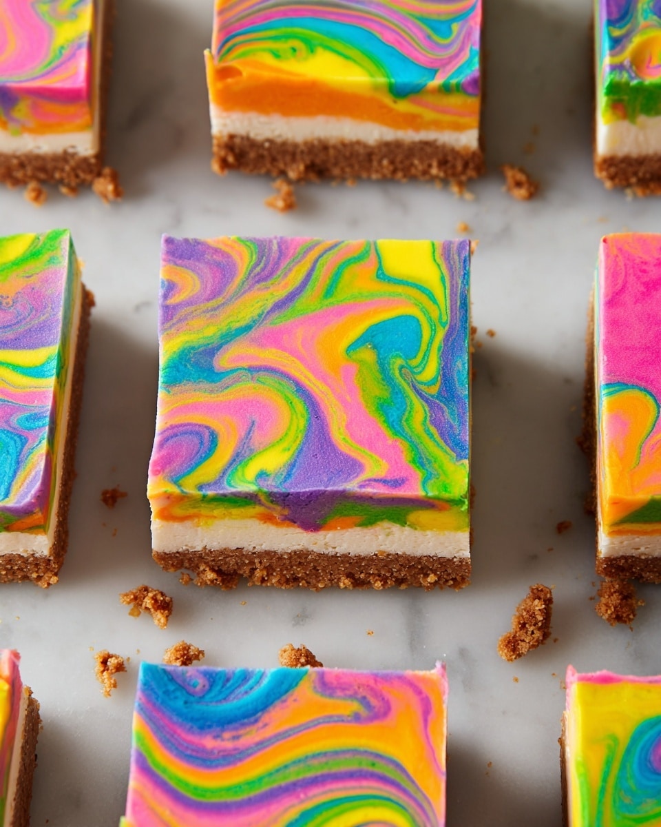 The image shows several square pieces of bright rainbow swirled cheesecake bars placed on a white marbled surface. Each piece has two layers: a crumbly brown base layer with a rough texture and a thick, smooth top layer decorated with colorful swirls in shades of yellow, pink, green, orange, blue, and purple that flow together in a marbled pattern. Some crumbs are scattered around the bars, adding texture to the scene. The squares are neatly cut with sharp edges, and the vibrant colors contrast with the neutral background. photo taken with an iphone --ar 4:5 --v 7