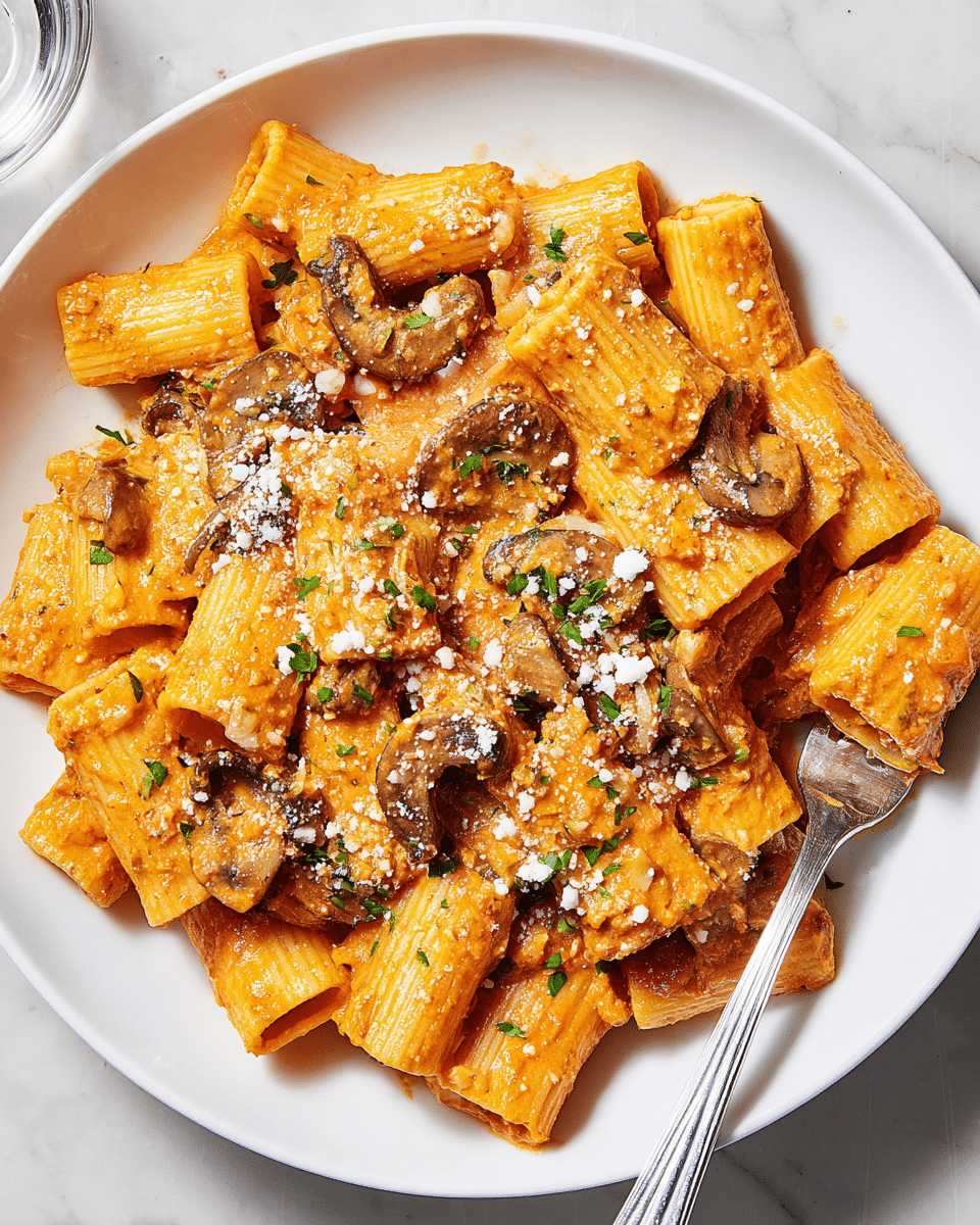 The dish shows large, tube-shaped rigatoni pasta in a thick, creamy orange-red sauce, mixed with sliced brown mushrooms that have a soft texture. The pasta is coated evenly with sauce, and small green herb pieces are sprinkled on top, adding contrast. There are coarse white cheese bits scattered over the dish, giving a crumbly texture. The food is served on a white round plate placed on a white marbled surface. On the right edge of the plate, a silver fork holds a piece of rigatoni with mushroom. The photo taken with an iphone --ar 4:5 --v 7