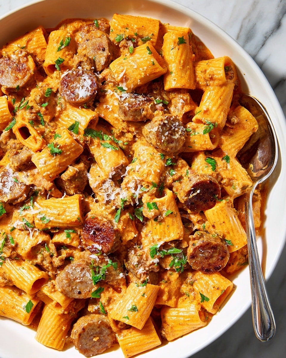 The image shows a close-up of a creamy pasta dish in a white bowl. The dish has three layers: large rigatoni pasta pieces coated in a smooth, orange-red creamy sauce form the base layer. Mixed evenly throughout are brown slices of sausage with a slightly grilled texture. Scattered on top are small sprinkles of grated cheese and bits of fresh green parsley. The bowl rests on a white marbled surface with part of a metal spoon visible on one side. The colors are warm and inviting, with the creamy sauce shining on the pasta and sausage pieces. Photo taken with an iphone --ar 4:5 --v 7