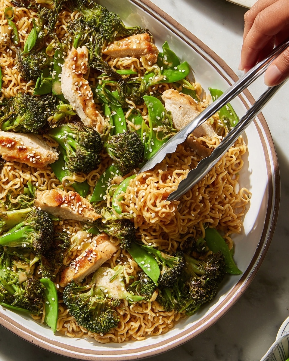 A tray of stir-fried ramen noodles with bright green broccoli florets and crisp snow peas, topped with golden brown grilled chicken slices and sprinkled with white sesame seeds, all mixed evenly together. A portion of the noodles is being served onto a white bowl with a thin brown rim using silver tongs held by a woman's hand. The broccoli has some charred bits, adding texture, while the noodles look soft and slightly curled. The background shows a white marbled surface with soft shadows from the food. photo taken with an iphone --ar 4:5 --v 7