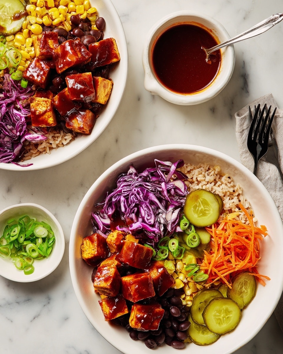 Two white bowls are filled with a colorful meal on a white marbled surface. Each bowl contains four main layers: at the bottom, there is a base of brown rice on one side and bright yellow corn on the other. Next to the rice and corn, there are small black beans mixed with chunky pieces of reddish-orange glazed tofu. On top of the rice near the beans, there are green sliced scallions scattered. Beside the beans and tofu, a fresh layer of thinly sliced purple cabbage and orange carrot slaw adds color and texture. Around the slaw, round, green pickle slices are placed. A dark reddish-brown sauce is drizzled over parts of the dish. A small white bowl with the same sauce and a spoon is nearby, along with a small white dish holding extra sliced scallions. A black fork is visible on the right side. photo taken with an iphone --ar 4:5 --v 7