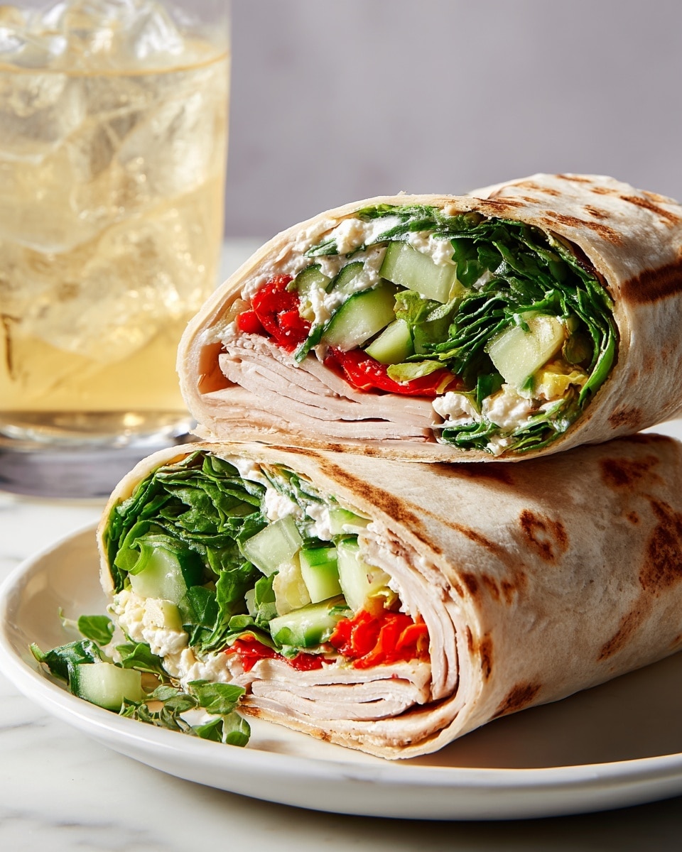 The image shows a wrap cut in half and stacked on a white plate on a white marbled surface. The wrap has a thin, light brown flatbread on the outside with subtle grill marks. Inside, there are four visible layers: the bottom layer has thin slices of light beige turkey meat folded neatly; above it, a creamy white layer of soft cheese is spread; next comes a layer of bright red roasted red pepper pieces; and the top layer is full of fresh green leafy vegetables mixed with chunks of light green cucumber. Small bits of cheese and green herbs are scattered around the plate. A clear glass with ice and a light-colored drink is in the background. photo taken with an iphone --ar 4:5 --v 7