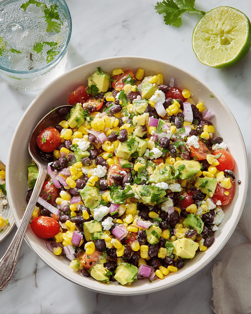 A white round bowl holds a colorful salad with four main layers mixed together: bright yellow corn kernels, small black beans, chunks of light green avocado, and chopped red cherry tomatoes. These are combined with pieces of purple onion and scattered white crumbled cheese. Green chopped cilantro is spread on top, adding a fresh touch. A silver spoon rests inside the bowl, with some salad on it. The bowl is placed on a white marbled surface, next to a clear glass of water with bubbles and a halved lime with some cilantro leaves around. photo taken with an iphone --ar 4:5 --v 7