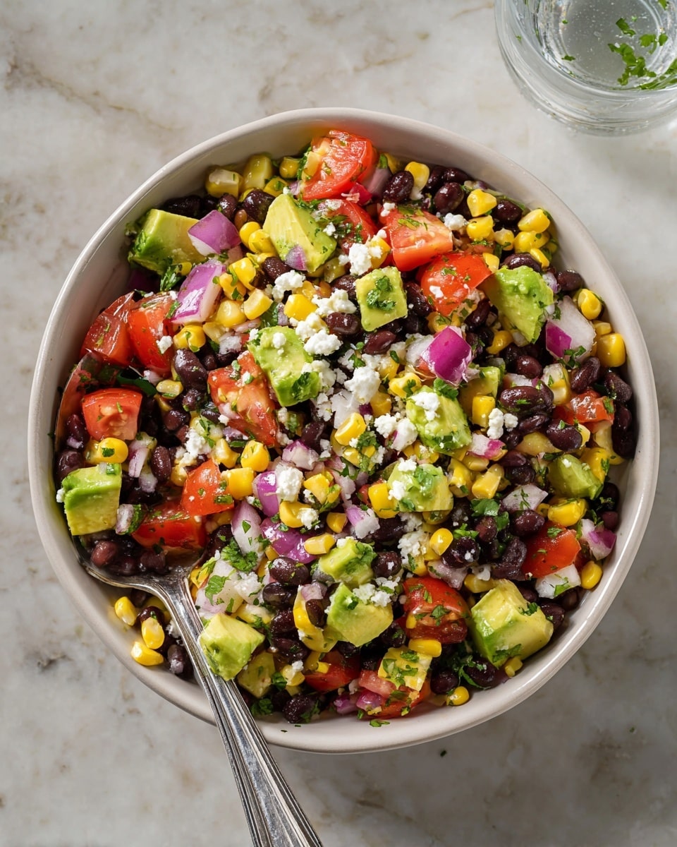 A close-up view of a colorful salad served in a white bowl showing a mix of roughly four main layers: black beans, bright yellow corn kernels, chopped red onions, and ripe red tomato pieces. There are chunky green avocado cubes scattered evenly on top, with white crumbled cheese sprinkled throughout. Small bits of green herbs add a fresh touch, and a silver spoon scoops some salad in the lower left area. The background is a white marbled surface. photo taken with an iphone --ar 4:5 --v 7