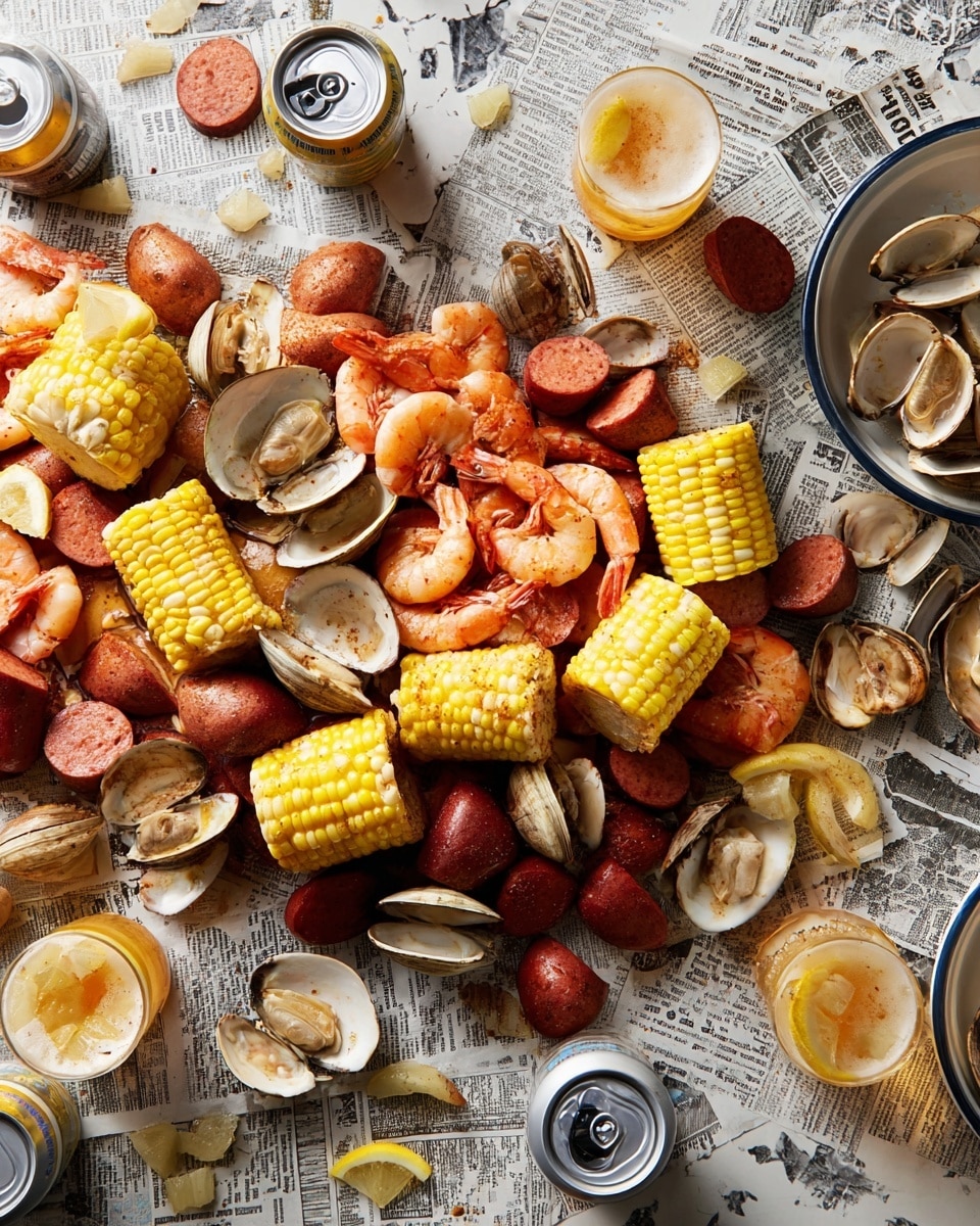 A large spread of seafood boil laid out on a white marbled surface covered with newspaper, featuring multiple layers of ingredients: the bottom layer has small red potatoes, sliced and whole, and pieces of smoked sausage with a deep reddish-brown color, scattered evenly. On top, bright yellow corn on the cob sections with visible kernels are placed among the other ingredients. The next layer includes pinkish-orange cooked shrimp with tails on, and clams with beige and off-white shells, some open showing the tender meat inside. Fresh lemon halves and slices with bright yellow rind and juicy pale yellow flesh are scattered around the edges. Several glasses of beer with frothy tops and opened soda cans sit nearby, complementing the feast. photo taken with an iphone --ar 4:5 --v 7