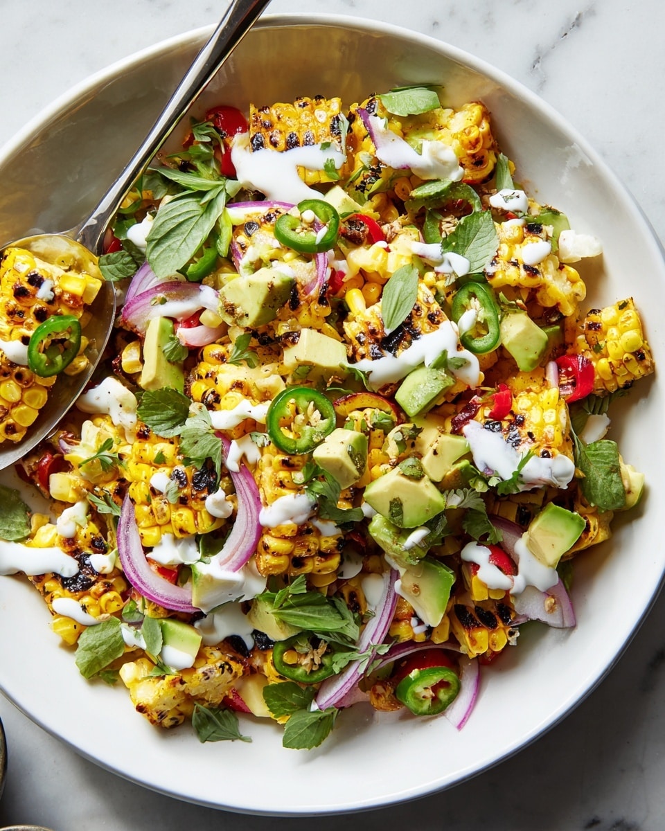 A large white bowl holds a vibrant salad with three main layers: at the bottom, golden grilled corn pieces with dark char marks; scattered on top, bright green avocado cubes and dark green jalapeño slices; mixed throughout, thin rings of purple onion, small red bell pepper cubes, and fresh green leaves, likely basil and cilantro. The dish is finished with light drizzles of white creamy dressing across the surface. A silver spoon rests on the left side in the bowl, partially lifting some salad, all set on a white marbled surface. photo taken with an iphone --ar 4:5 --v 7