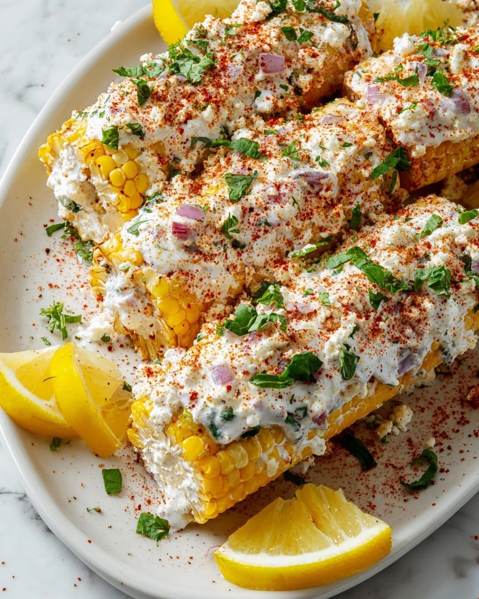 The image shows five ears of yellow corn on the cob placed on a white plate. Each ear is coated with a thick layer of white creamy sauce, sprinkled with crumbled white cheese mixed with small chopped red onions and green herbs. There is also a fine dusting of red spice powder decorating the cheese and sauce layers, giving a vibrant contrast. Green basil leaves are scattered as garnish on top of the corn. There are three lemon wedges with bright yellow color placed at the edges of the plate. The plate sits on a white marbled textured surface. photo taken with an iphone --ar 4:5 --v 7