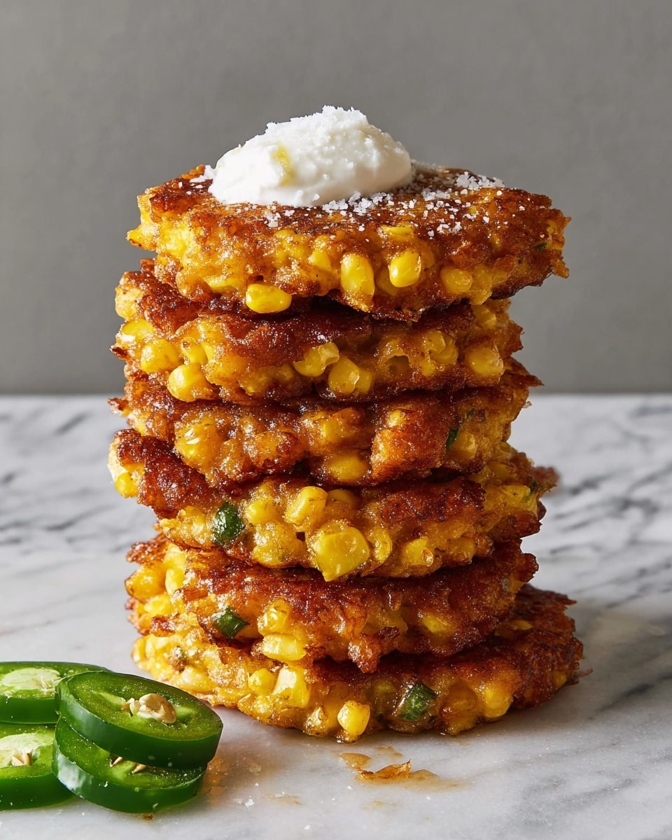 The image shows eight golden brown corn fritters with a crispy texture scattered on a white marbled surface. Each fritter is round and uneven, filled with visible corn kernels that add a bright yellow color. Three of the fritters have a dollop of white creamy sauce placed on top, adding a smooth contrast to the rough texture of the fritters. Near the top left corner, there are thinly sliced green jalapeno rings arranged in a small group. The fritters are sprinkled with coarse salt flakes that catch the light slightly. The overall look is warm, fresh, and appetizing. photo taken with an iphone --ar 4:5 --v 7