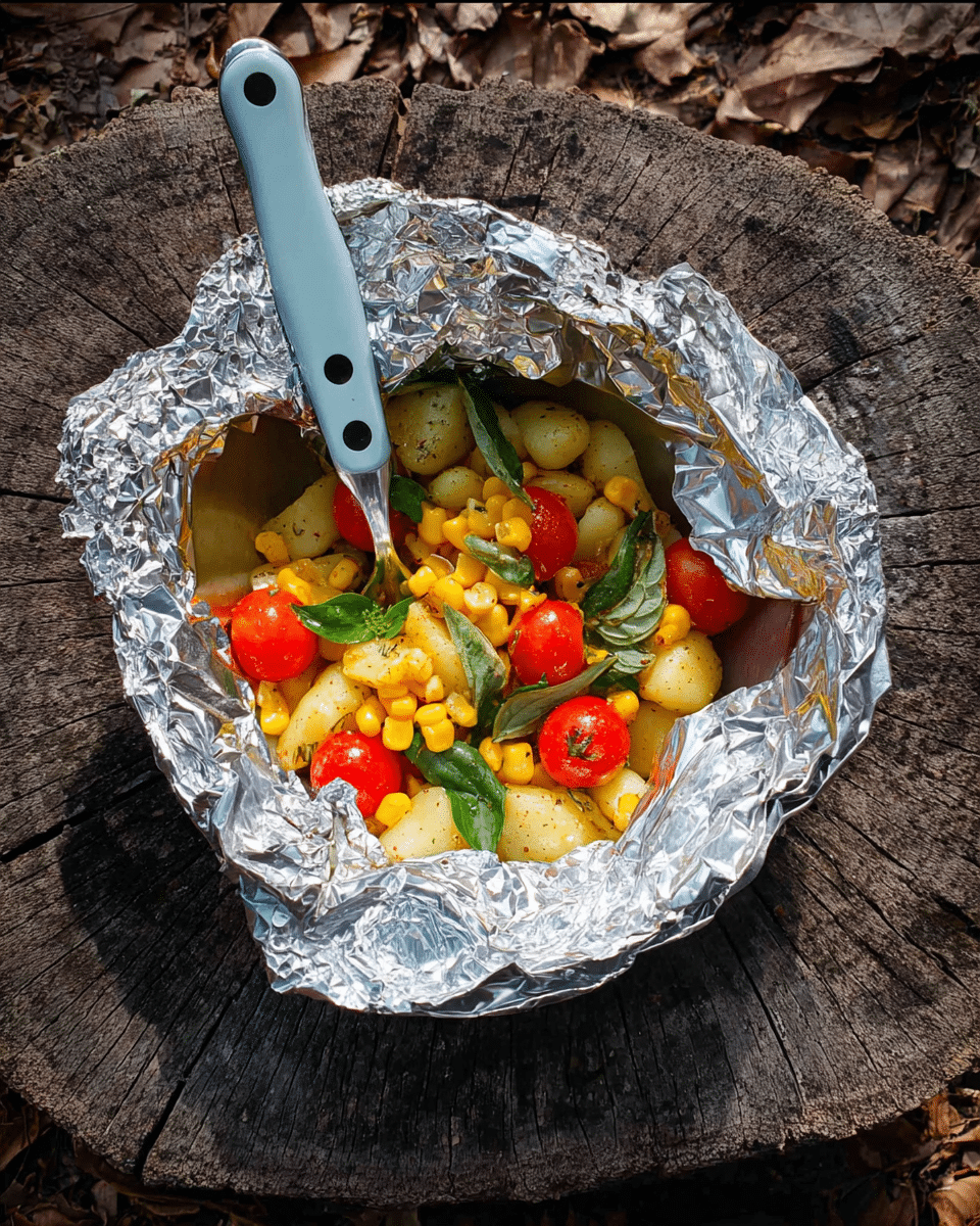 A bowl lined with shiny, crumpled aluminum foil holds a colorful mix of cooked yellow corn kernels, bright red cherry tomato halves, golden gnocchi pieces, and fresh green basil leaves scattered on top. A light blue-handled fork with two large black dots rests inside the foil, its prongs touching the food. The bowl sits on a textured dark brown tree stump surface, which is surrounded by scattered dry leaves and twigs. photo taken with an iphone --ar 4:5 --v 7