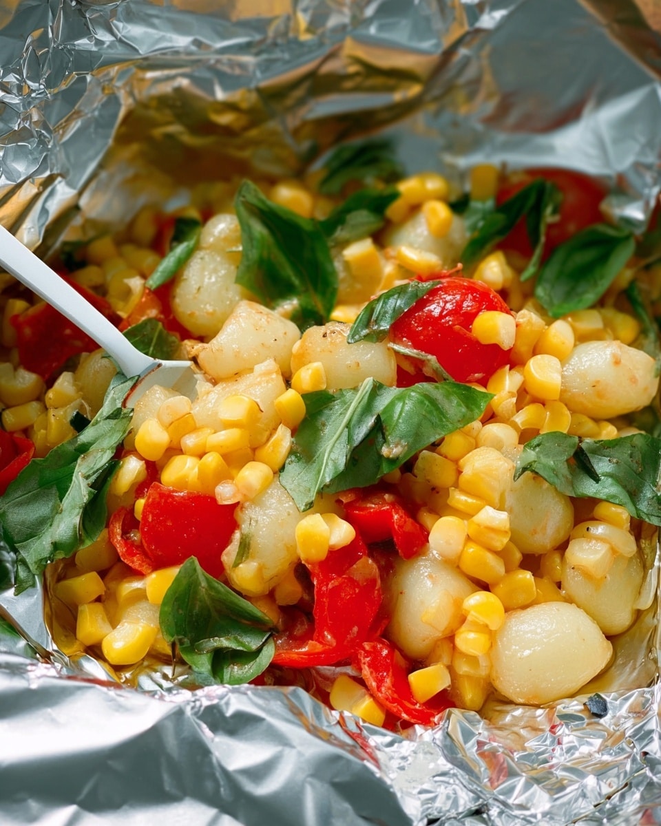 The image shows a close-up of a food dish wrapped in shiny silver foil, with layers of colorful ingredients inside. The base layer consists of small, yellow corn kernels with a glossy texture, mixed with small soft gnocchi pieces that are light beige. Bright red chunks of tomato are scattered throughout the dish along with fresh green basil leaves, adding a pop of color. A spoon with a white handle is partially visible on the left side, gently scooping the food. The overall composition highlights the vibrant, fresh colors and soft textures of the ingredients. photo taken with an iphone --ar 4:5 --v 7