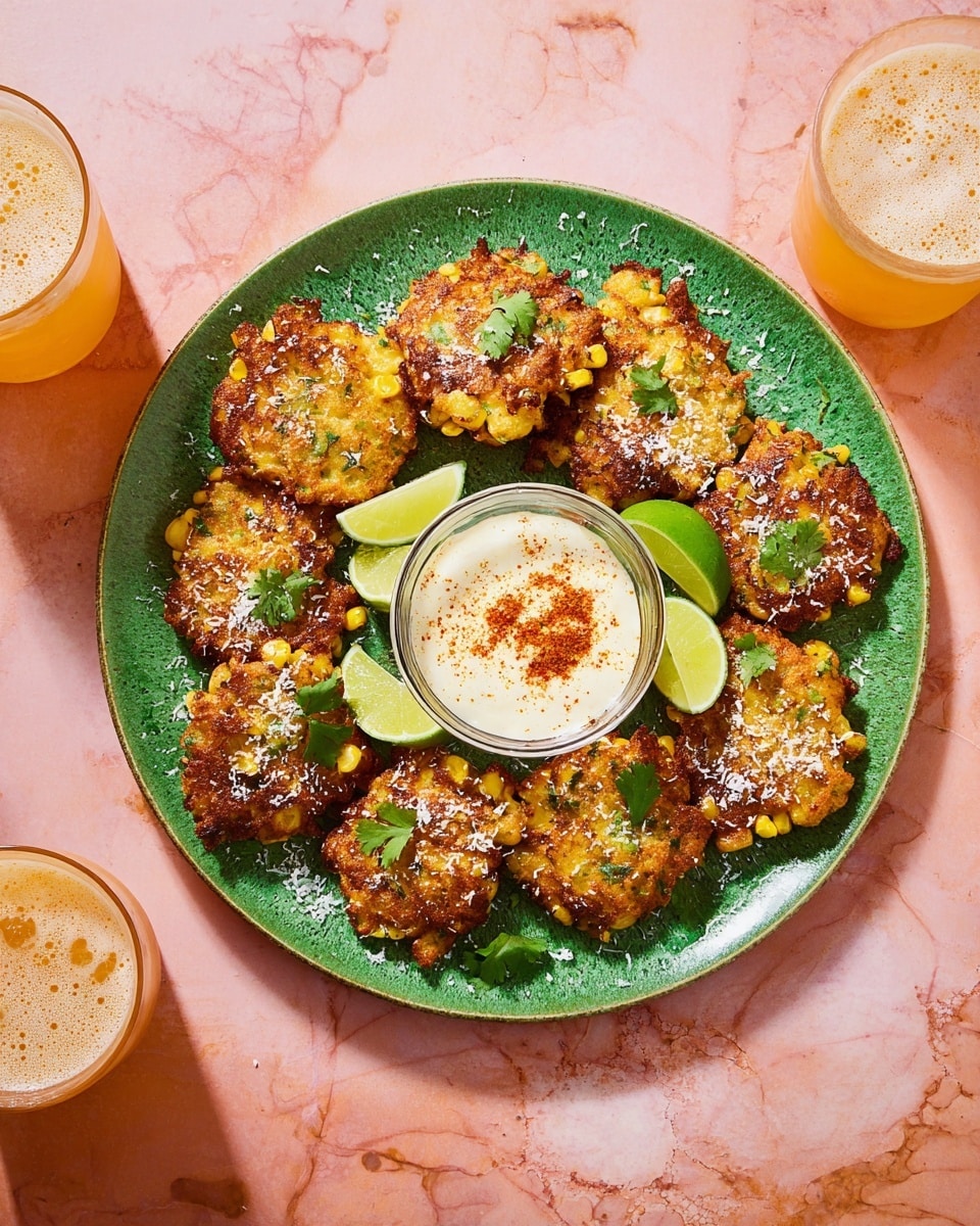 A green speckled plate holds about fourteen golden-brown corn fritters arranged in a circular pattern, each fritter showing bits of yellow corn kernels and small green herbs, topped with a light sprinkling of white cheese and fresh green cilantro leaves. Between the fritters are four light green lime wedges. In the center of the plate is a clear bowl filled with creamy white sauce dusted with a small amount of orange-red spice on top. The plate is set on a pink surface with a white marbled texture, and around it are three glasses of light orange-colored drink with foam. photo taken with an iphone --ar 4:5 --v 7