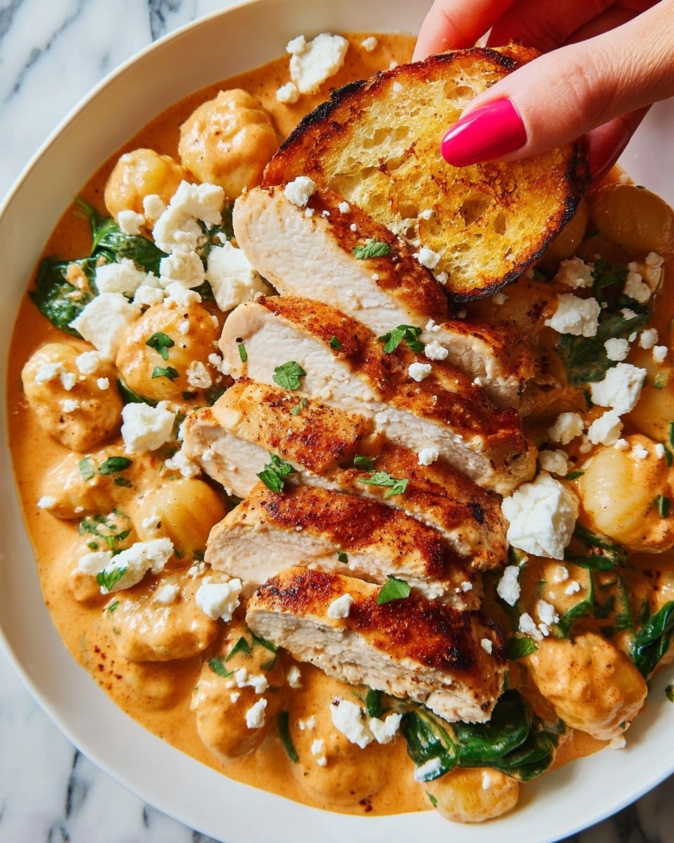 A white plate filled with a creamy orange sauce base mixed with small gnocchi and fresh spinach leaves, topped with five thick slices of golden-brown cooked chicken breast layered over the sauce. Crumbled white cheese is sprinkled on top of both the chicken and sauce. A woman's hand with red nail polish is dipping a toasted piece of bread into the sauce on the right side of the plate. The background features a white marbled texture. Photo taken with an iphone --ar 4:5 --v 7