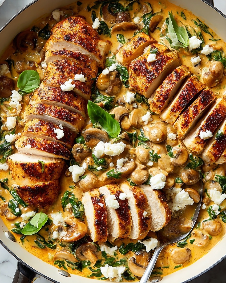 This image shows a close-up of a white skillet filled with a creamy orange sauce mixed with green spinach leaves and pieces of mushrooms, creating a rich textured base. On top, there are two rows of thick, sliced, seasoned chicken breasts with a golden-brown crust, arranged side by side, showing the white inside of the meat. Small pieces of white crumbled cheese are scattered over the chicken and sauce, adding contrast, while fresh green basil leaves are also sprinkled around for color. A silver spoon is partially visible on the lower right corner of the skillet. The dish is placed on a white marbled surface. photo taken with an iphone --ar 4:5 --v 7
