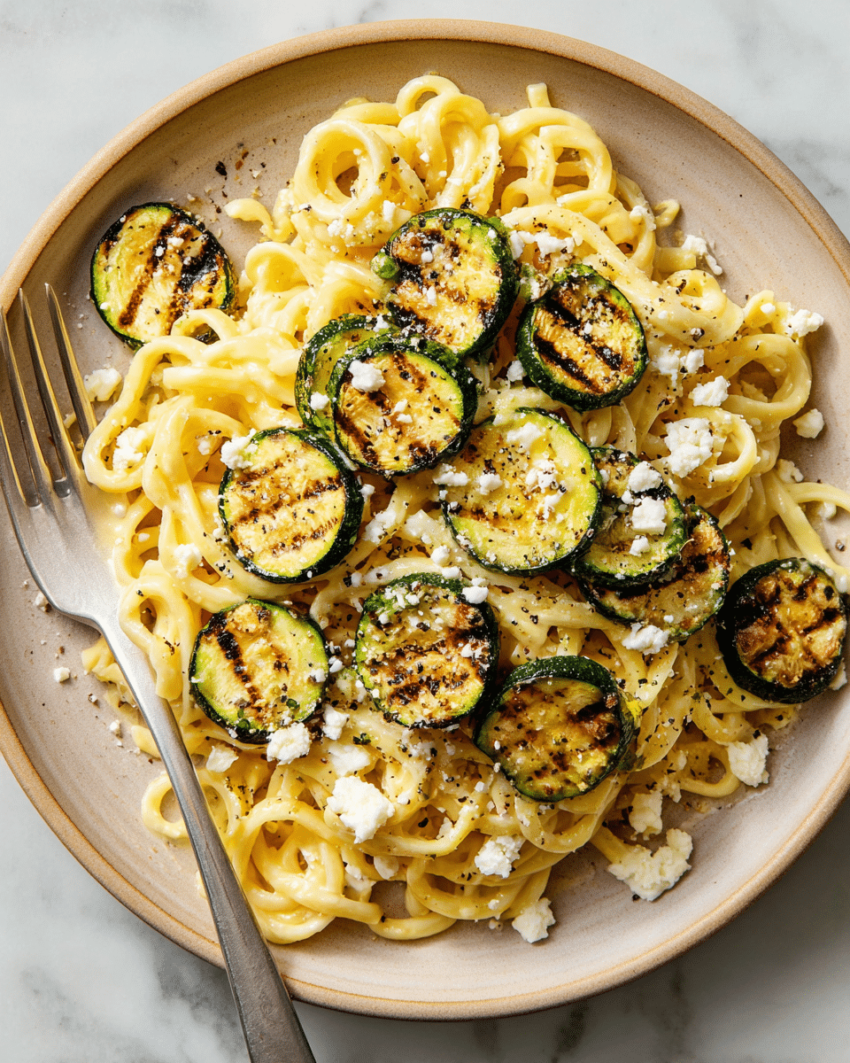 A beige plate with two layers of food sits on a white marbled surface; the bottom layer is creamy yellow pasta noodles twisted and piled loosely, and the top layer has round, grilled green zucchini slices with dark grill marks scattered evenly. Small pieces of white cheese crumbs sprinkle over the pasta and zucchini along with black pepper bits. A silver fork is partially inserted into the pasta on the left side of the plate. photo taken with an iphone --ar 4:5 --v 7