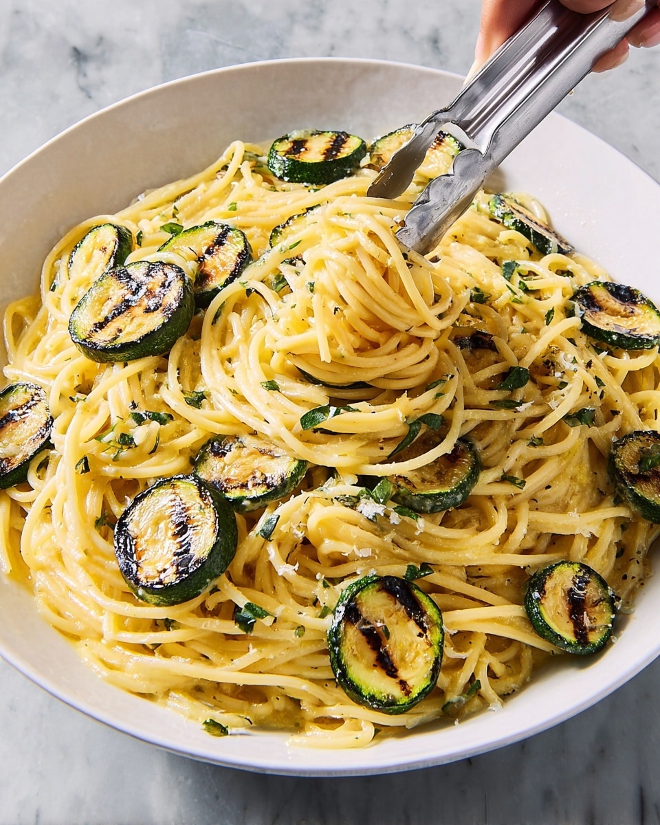 A white round plate filled with spaghetti pasta evenly mixed with grilled zucchini slices, showing dark grill marks and green skin. The pasta is creamy yellow with a smooth texture and includes small bits of green herbs scattered throughout. A silver tong is lifting a few strands of pasta and a grilled zucchini slice from the middle of the plate, held by a woman's hand just out of the frame. The dish sits on a flat white marbled surface, and the lighting highlights the glossy sauce and the slight char on the zucchini. photo taken with an iphone --ar 4:5 --v 7