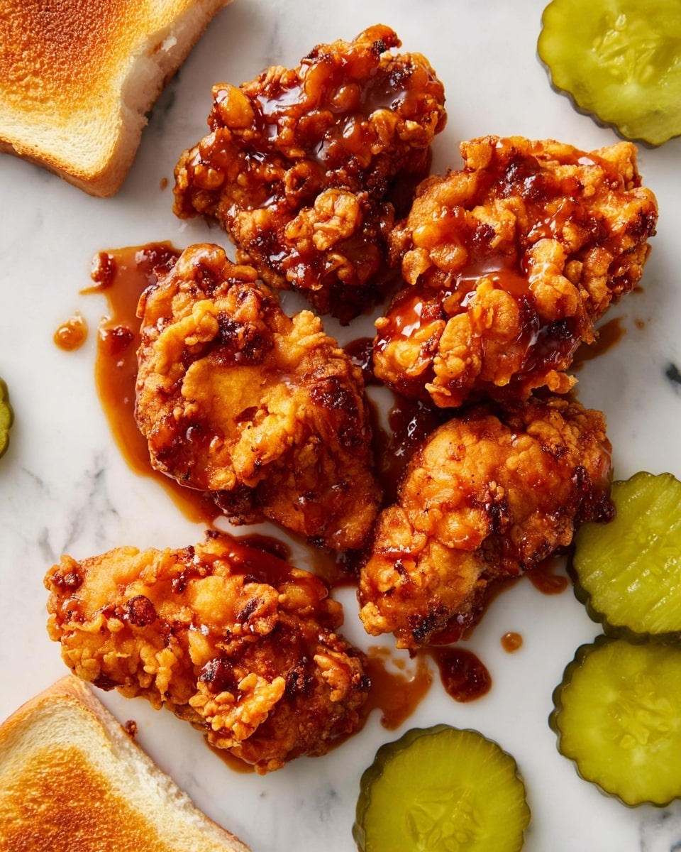 Several pieces of crispy fried chicken with a golden brown and slightly uneven crunchy coating are placed directly on a white marbled surface. The fried chicken is drizzled with a sticky, shiny reddish-brown sauce that adds a glossy texture. Around the chicken, there are thick, round slices of bright green pickles with a wavy pattern, and corners of white toasted bread are visible at the edges of the image. The colors contrast well with the clean white marbled background, making the food look fresh and appetizing. Photo taken with an iphone --ar 4:5 --v 7