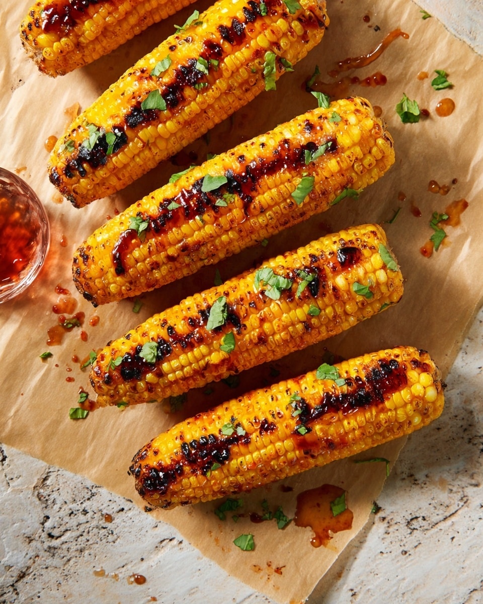 Six grilled corn cobs with golden yellow kernels are laid out in two rows on a piece of light brown parchment paper over a white marbled surface. The corn shows dark brown and black char marks with a shiny glaze dripping in places, giving a slightly sticky look. Scattered across the corn are small bright green fresh herb leaves, adding contrast to the warm tones. Small drops of the glaze are visible on the parchment paper around the corn cobs. photo taken with an iphone --ar 4:5 --v 7