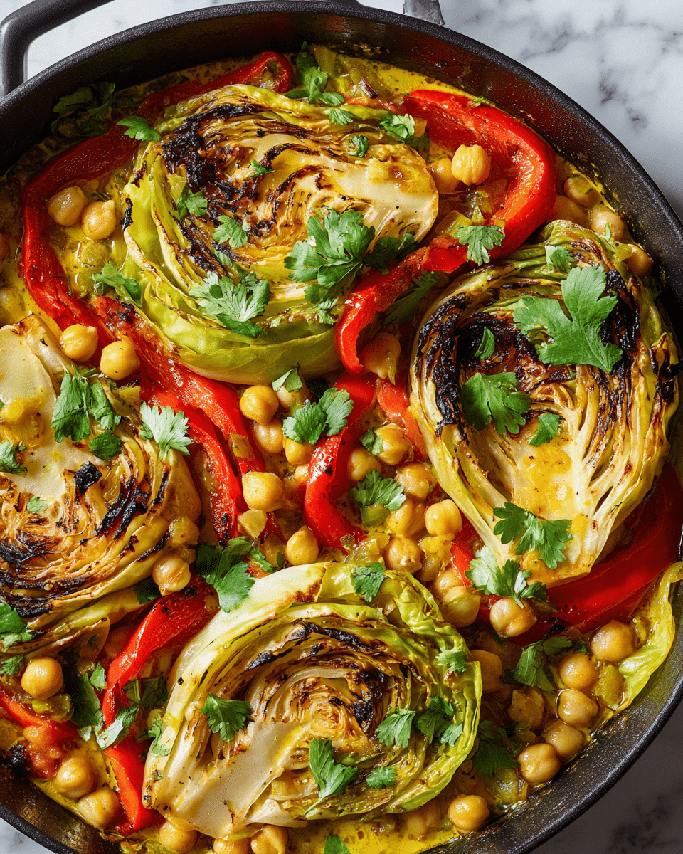 A close-up view of a black cast iron pan filled with a colorful vegetable stew sitting on a white marbled texture. The dish has several layers including large grilled cabbage leaves with dark brown char marks curling across the top, beneath them bright red bell pepper slices, and yellow chickpeas floating in a slightly thick, light yellow sauce. Sprinkled over the dish are fresh green cilantro leaves adding a pop of color. The textures range from the soft, cooked chickpeas to the crispy cabbage edges and tender peppers, creating a vibrant and hearty appearance. photo taken with an iphone --ar 4:5 --v 7