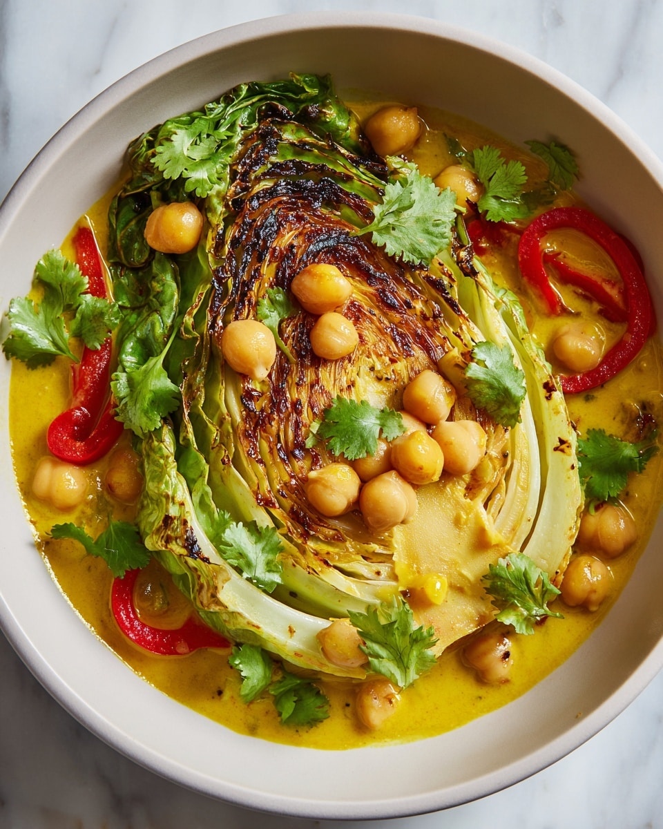 The dish shows a vibrant bowl with a thick layer of yellow curry sauce at the bottom. On top of the sauce lies a large grilled green cabbage wedge with charred brown edges and a soft texture. Scattered around and on the cabbage are round, light beige chickpeas, smooth and plump. There are also thin, bright red slices of bell pepper placed around the bowl, adding a fresh look. Small green cilantro leaves are spread evenly over the dish, giving it a fresh touch. The bowl is white, and the photo is set against a white marbled surface. Photo taken with an iphone --ar 4:5 --v 7