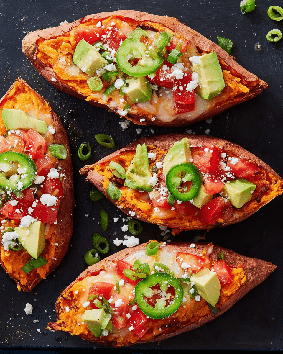 Three roasted sweet potato halves are placed on a dark surface, each cut side up. The first layer inside each sweet potato is a soft, orange mash of cooked sweet potato. On top of this is melted cheese, which looks creamy and slightly golden. The next layer includes fresh chopped red tomatoes, green jalapeño slices, and small cubes of light green avocado. Lastly, the sweet potatoes are sprinkled with white crumbly cheese over all the toppings. The outer skin of each sweet potato is rough and reddish-brown. photo taken with an iphone --ar 4:5 --v 7