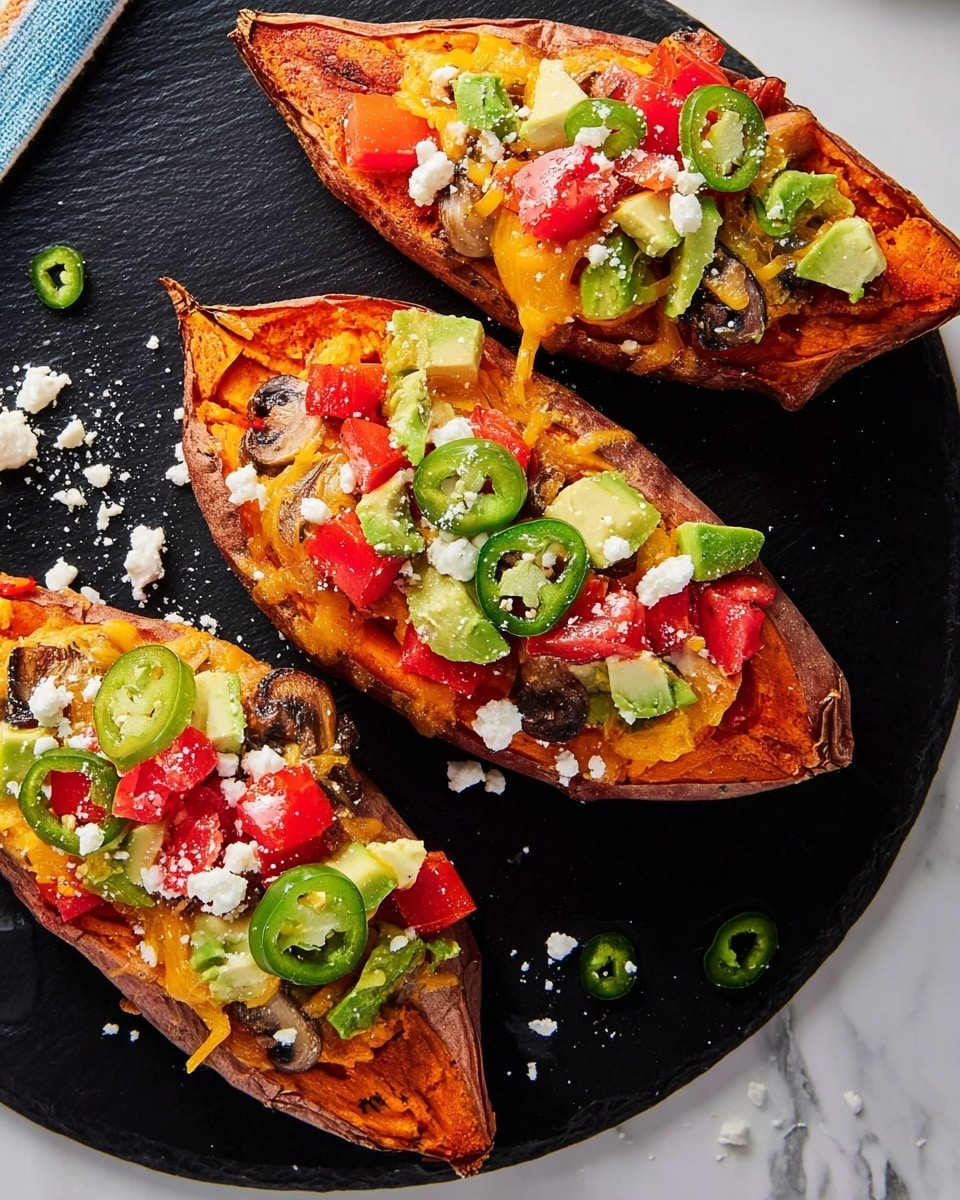 Three roasted sweet potato halves are placed on a black round slate board over a white marbled surface. Each sweet potato is cut open and filled with three layers: the base is soft orange roasted sweet potato flesh; the middle layer is bright yellow melted cheese mixed with small mushroom pieces; and the top layer has fresh diced red tomatoes, chunks of light green avocado, rings of green jalapeño, and white crumbled cheese sprinkled over. The slate board has some scattered cheese crumbs around the sweet potatoes. photo taken with an iphone --ar 4:5 --v 7