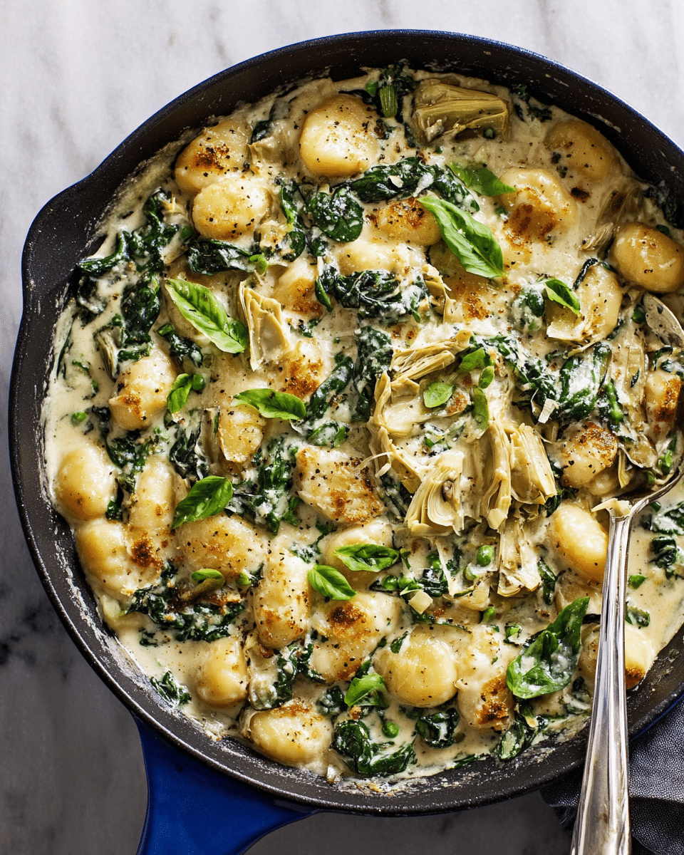 A close-up shot of a black skillet filled with creamy gnocchi in a white cheesy sauce. The dish has soft gnocchi pieces with a slightly browned texture on top, mixed with wilted dark green spinach leaves and light beige artichoke hearts scattered across the surface. Fresh small basil leaves are sprinkled on top, adding bright green color and freshness to the creamy mixture. The skillet is placed on a white marbled surface, and a silver spoon rests inside the skillet, ready to serve. Photo taken with an iphone --ar 4:5 --v 7
