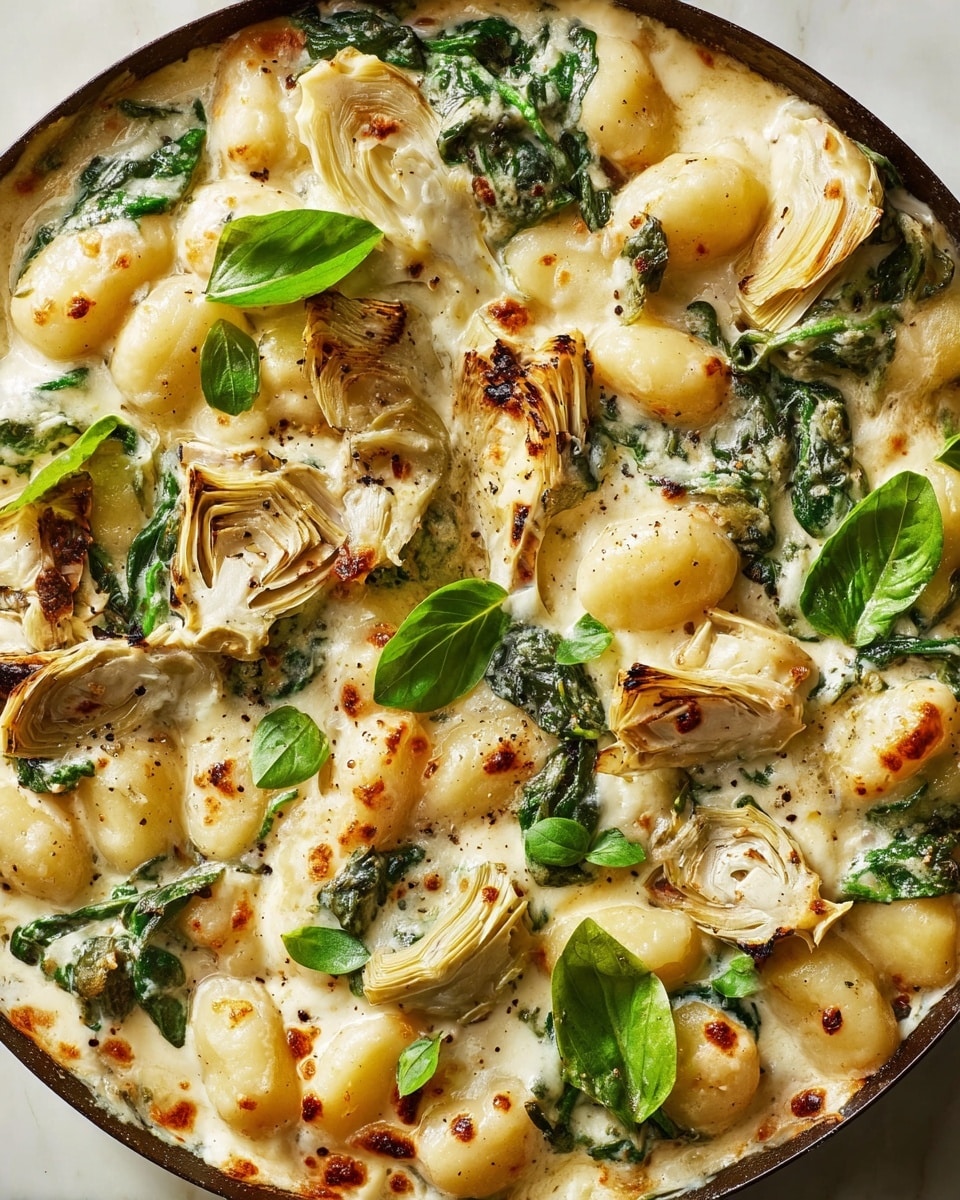 This close-up image shows a creamy dish with three main layers mixed together. The bottom layer has soft gnocchi, pale yellow and plump, scattered evenly. The middle layer has wilted spinach leaves, rich dark green with some texture, spread throughout. The top layer has artichoke hearts, light tan with grill marks adding a slightly browned texture, placed unevenly on top. A creamy cheese sauce covers everything, smooth and white with light brown roasted spots, blending the layers. Fresh basil leaves, bright green and small, are scattered loosely on the surface. The dish is photographed on a white marbled surface, making the colors stand out. Photo taken with an iphone --ar 4:5 --v 7