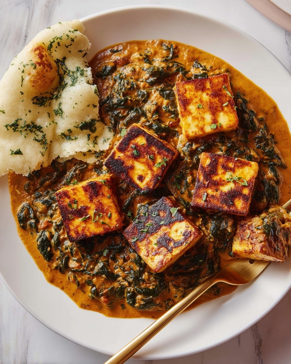 A white plate holds a rich, creamy orange curry mixed with dark green chopped spinach, creating a textured base layer that spreads evenly across the plate. On top of the curry, there are five golden-brown cubes of grilled paneer, with visible char marks adding a crispy texture to the otherwise smooth surface. To the side, a piece of white naan bread, sprinkled with green herbs, rests partially on the curry. A golden fork is placed on the right edge of the plate, holding one of the paneer cubes. The plate sits on a white marbled surface. photo taken with an iphone --ar 4:5 --v 7