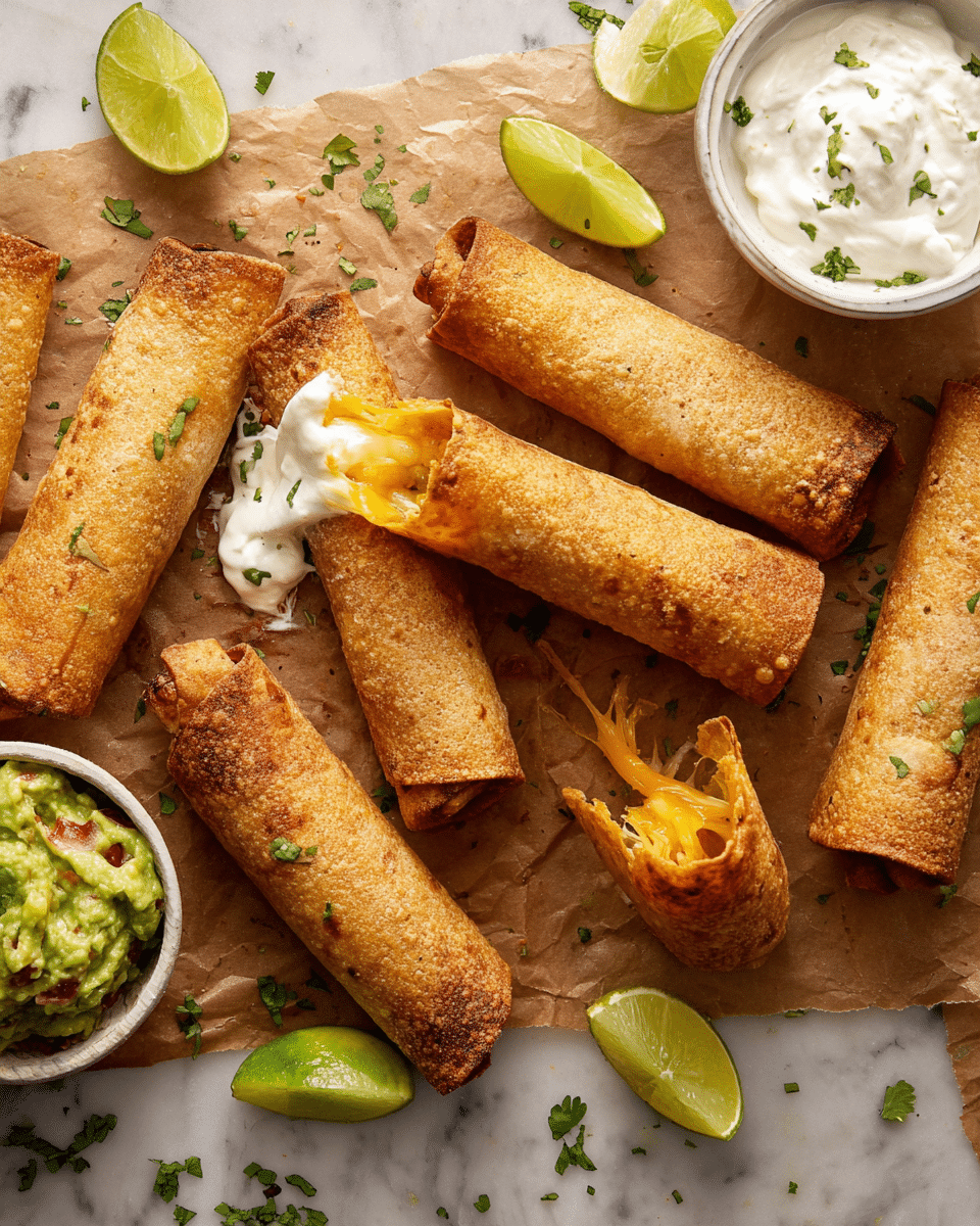 The image shows seven golden brown taquitos arranged on brown parchment paper over a white marbled surface with small green cilantro leaves scattered around. The taquitos are cylindrical and crispy, with one on the right side broken open, revealing melted, stretchy yellow cheese inside. Two taquitos have a dollop of white creamy sauce on one end with visible green herbs mixed in. There are three lime wedges placed near the top left and bottom right corners. At the top center, a white bowl holds more of the creamy sauce with herbs, and at the bottom left, another white bowl contains guacamole with a smooth texture and red pieces mixed in. Photo taken with an iphone --ar 4:5 --v 7