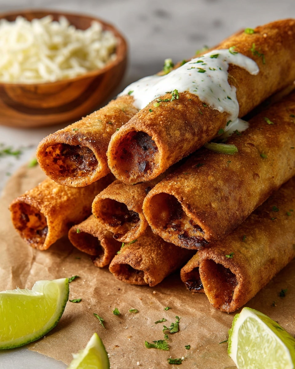 A close-up view of six golden-brown rolled tacos stacked in a pyramid shape on a brown paper surface with a few small green herb pieces sprinkled on top and around. The tacos have a crispy, uneven texture with some darker spots indicating frying, and one taco has a dollop of white sauce with green herb bits drizzled near the opening. Two lime wedges with light green skin and pale juicy interiors sit at the bottom left corner. In the blurred background, there is a wooden bowl filled with white shredded cheese. The scene is set on a white marbled texture surface. photo taken with an iphone --ar 4:5 --v 7