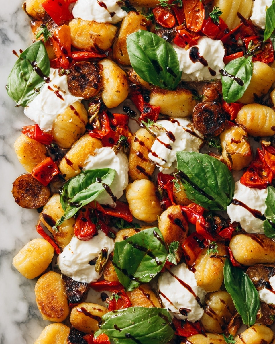 This image shows a close-up of a dish with three main layers: the bottom layer has golden-brown grilled gnocchi pieces that look soft with a slight crisp on the edges; scattered among them are pieces of roasted red bell pepper, adding bright red color and a roasted texture. On top of these, there are spoonfuls of white creamy cheese that is soft and slightly melting. Fresh green basil leaves are placed all over the dish, adding vibrant green color and a fresh texture. Finally, thin dark balsamic glaze streaks are drizzled across the dish, creating a glossy contrast. The dish is placed on a white marbled surface. photo taken with an iphone --ar 4:5 --v 7