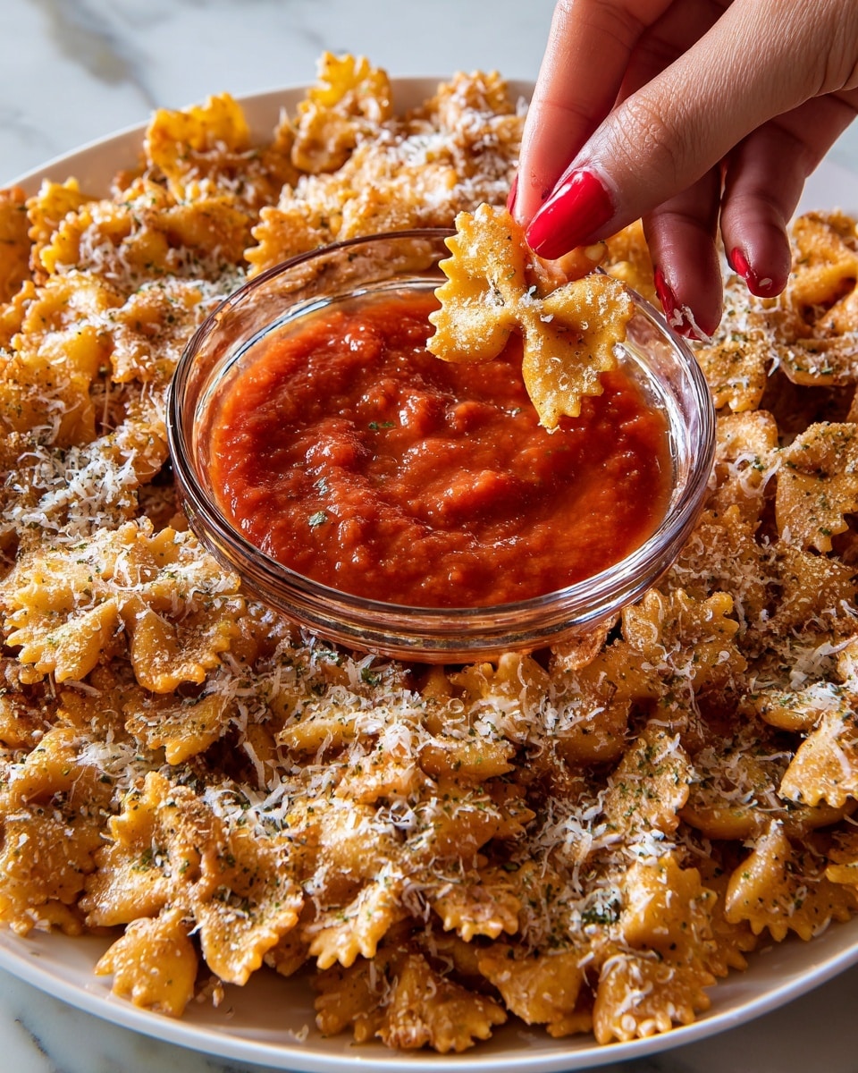 A white plate filled with a large pile of golden-brown, crispy bowtie-shaped chips sprinkled with grated white cheese and small black pepper flakes, surrounding a clear glass bowl in the center that is filled with a thick, bright red tomato sauce with visible chunks. A woman's hand with red-painted nails is dipping one of the chips into the sauce, picking it up gently. All this is set on a white marbled surface. photo taken with an iphone --ar 4:5 --v 7