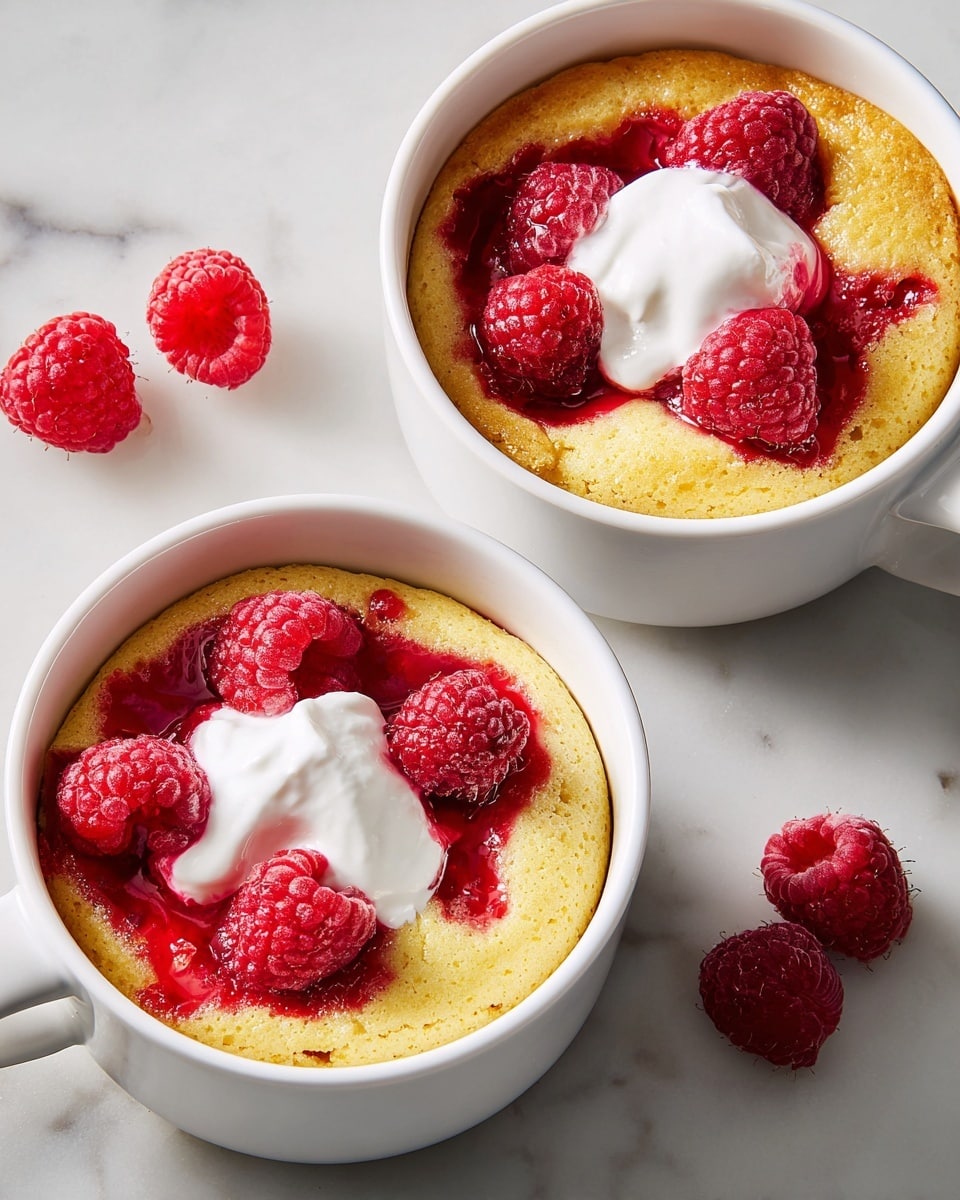 Two white cups sit on a white marbled surface, each filled with a soft, yellow sponge cake as the base layer. The cakes have bright red raspberry sauce unevenly spread on top, with some areas showing fresh whole raspberries sitting on the surface. In the center of each cup is a dollop of white cream, adding a light and fluffy texture contrast to the smooth cake and juicy berries. A few extra fresh raspberries lie scattered beside the cups on the marbled surface. photo taken with an iphone --ar 4:5 --v 7