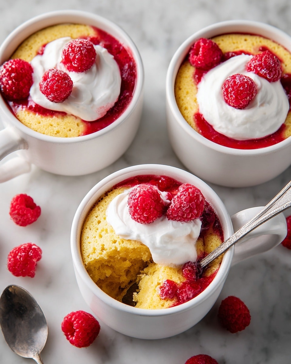 Three white mugs each hold a single-serving yellow cake with a soft, spongy texture. On top of each cake are layers of bright red raspberry sauce and dollops of white whipped cream, with a few whole fresh raspberries placed on the cream and around the rims of the mugs. One mug shows a spoon digging into the cake, revealing the moist inside beneath the red sauce and cream. Scattered fresh raspberries surround the mugs on a white marbled surface. A metal spoon rests near one mug. photo taken with an iphone --ar 4:5 --v 7