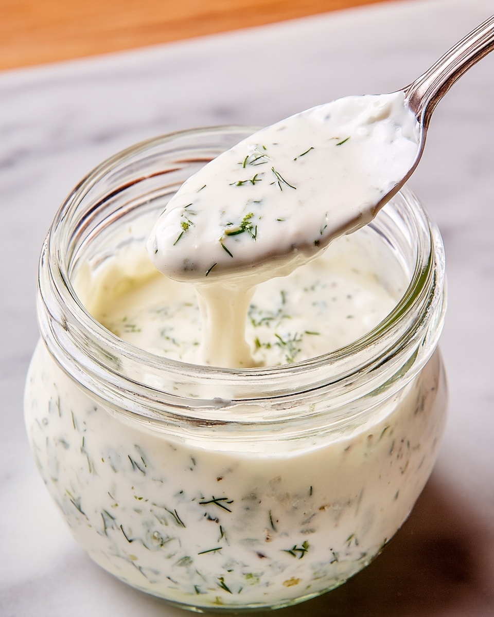 A close-up view of a clear glass jar filled with thick white sauce mixed with small green herb pieces, giving it a speckled texture. A silver spoon is lifting some of the sauce from the jar, showing its creamy and slightly chunky consistency. The jar sits on a white marbled surface that contrasts softly with the light sauce inside. Photo taken with an iphone --ar 4:5 --v 7